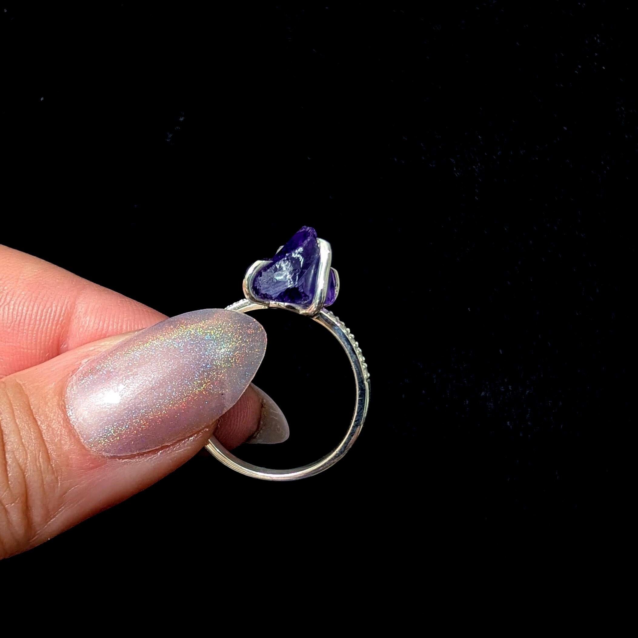 Raw natural amethyst and white topaz ring | 925 sterling silver