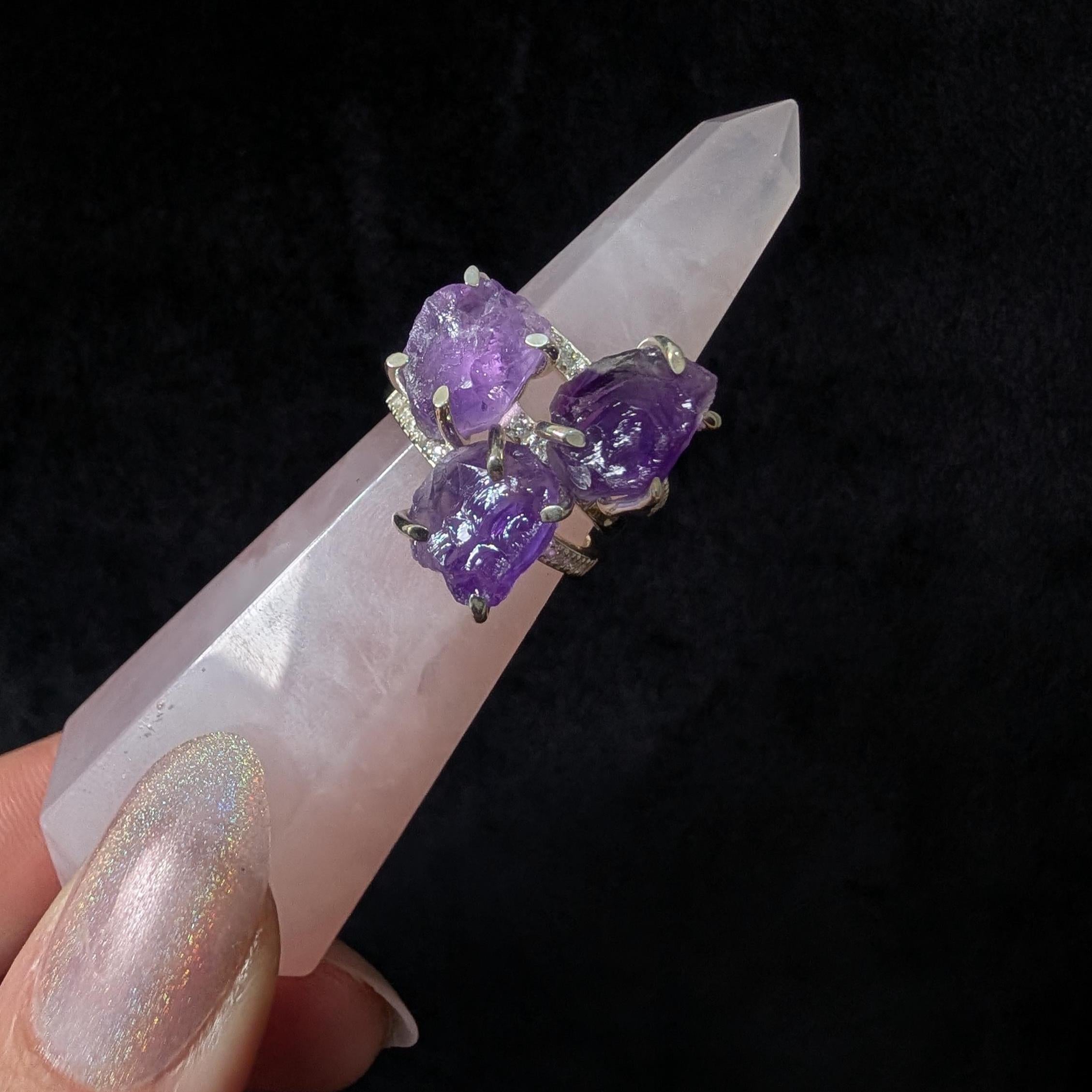 Raw natural amethyst and white topaz ring | 925 sterling silver
