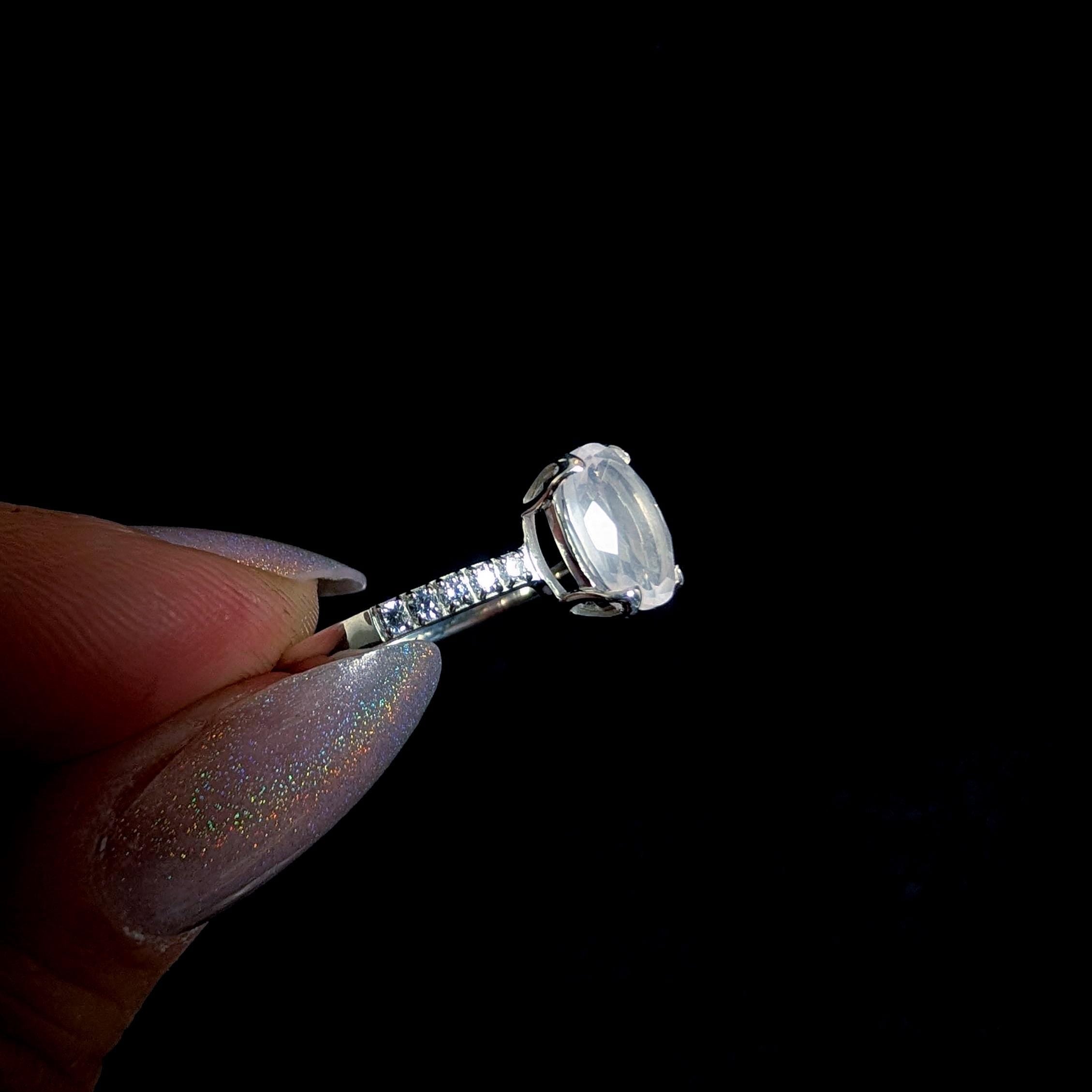 Large natural rainbow moonstone & white topaz ring | 925 Sterling Silver