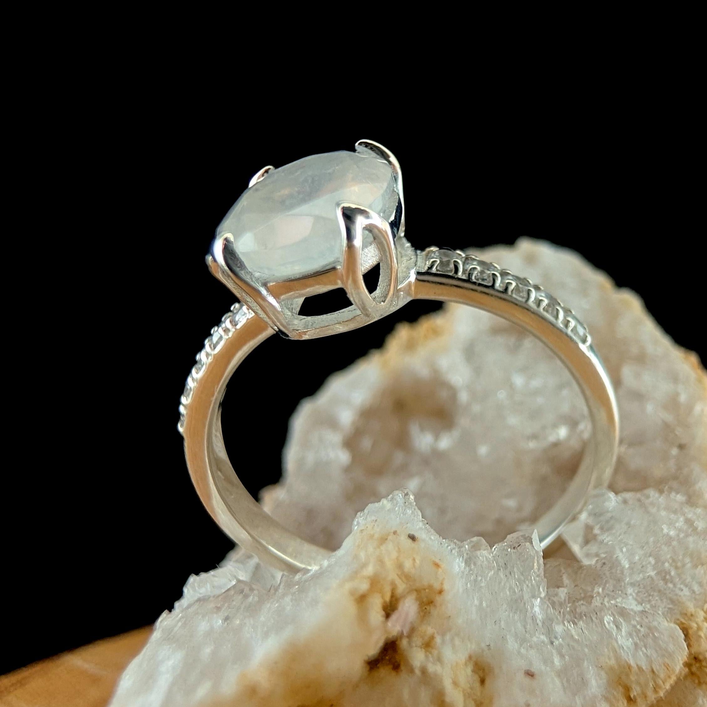 Large natural rainbow moonstone & white topaz ring | 925 Sterling Silver