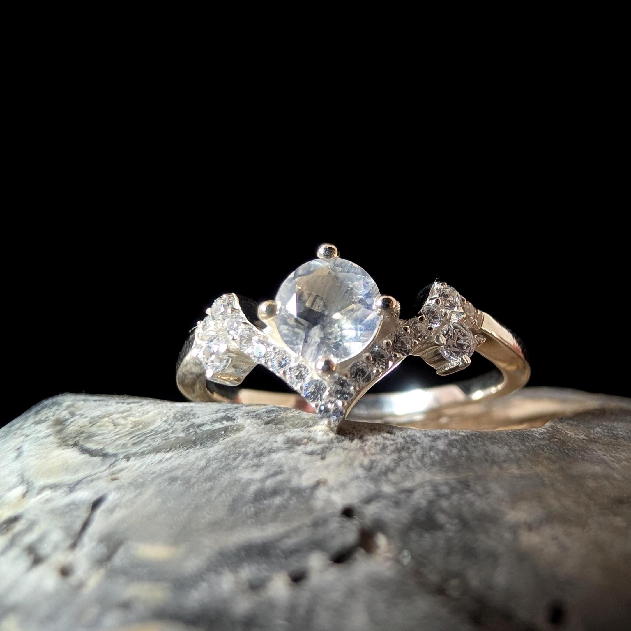 Statement rainbow moonstone & white topaz ring | 925 Sterling Silver