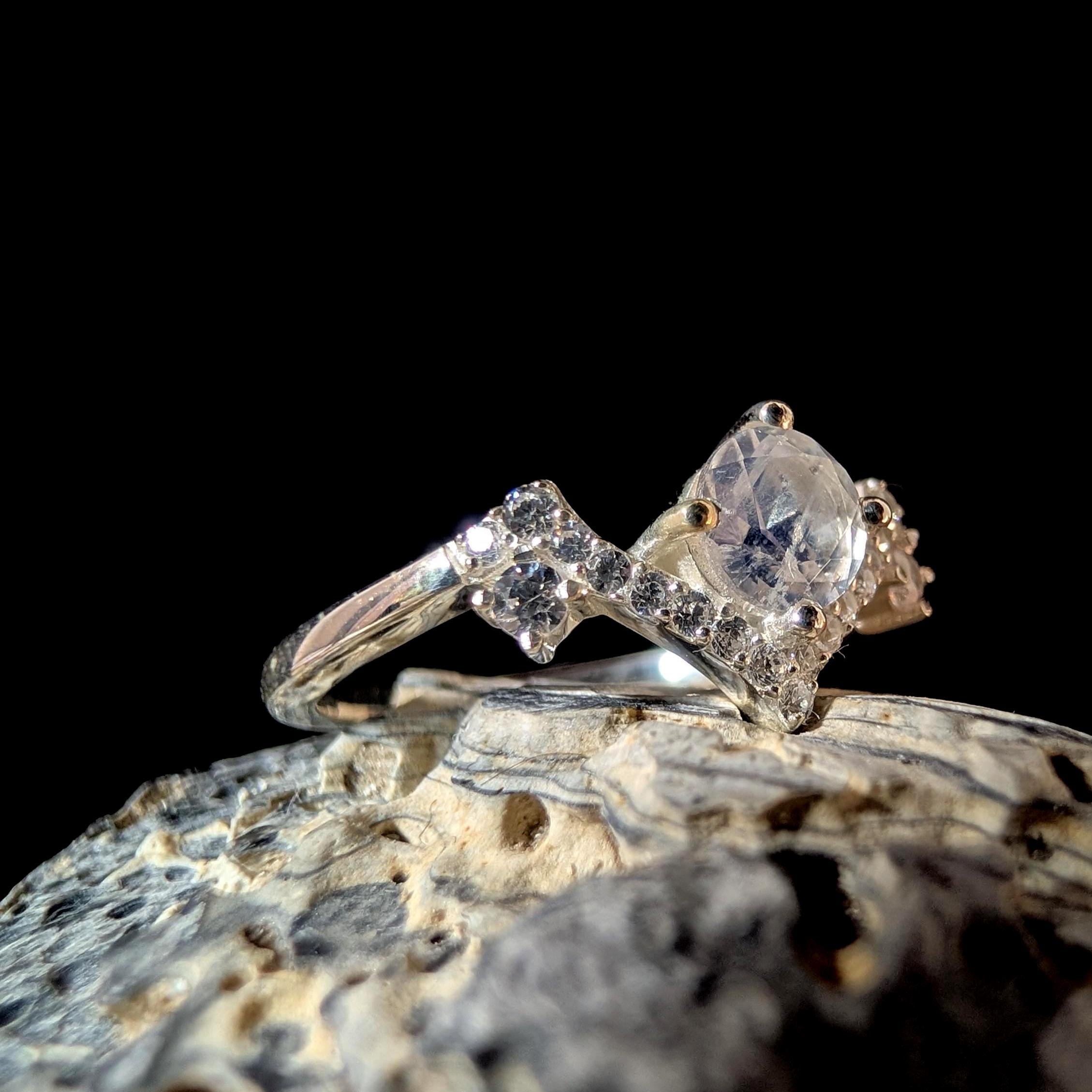 Statement rainbow moonstone & white topaz ring | 925 Sterling Silver