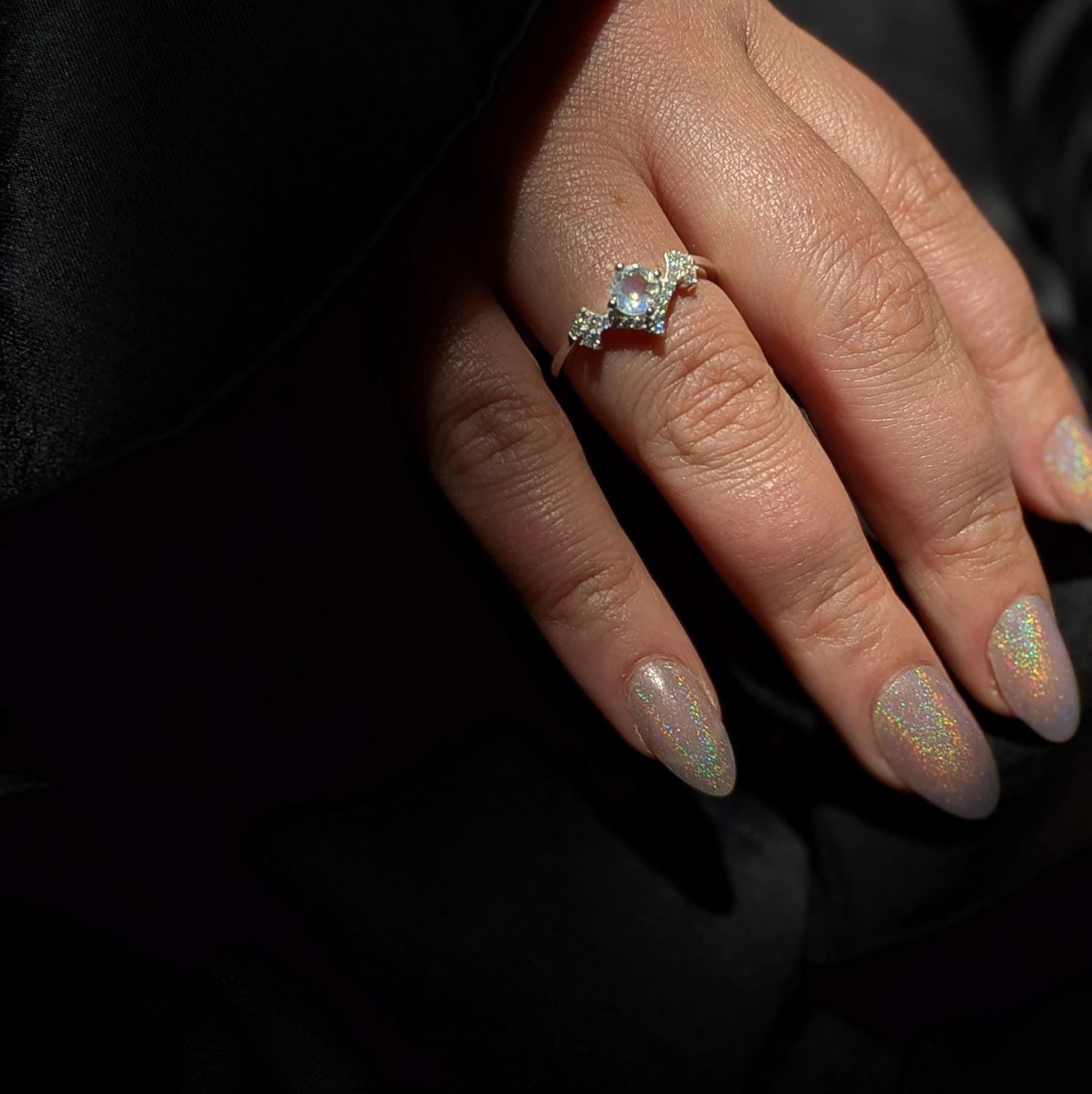 Statement rainbow moonstone & white topaz ring | 925 Sterling Silver