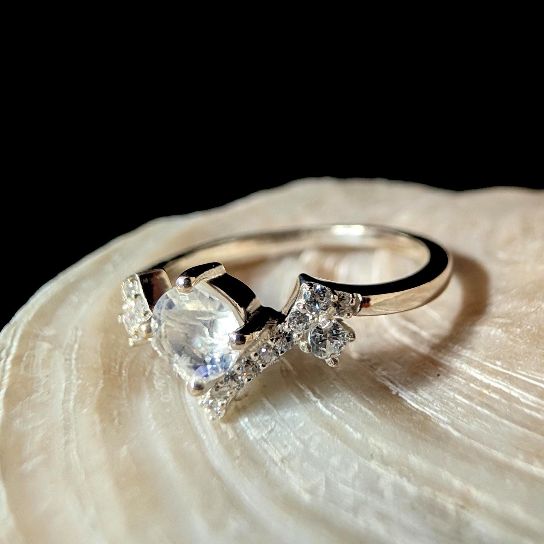 Statement rainbow moonstone & white topaz ring | 925 Sterling Silver