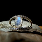 Double band rainbow moonstone & white topaz ring | 925 Sterling Silver