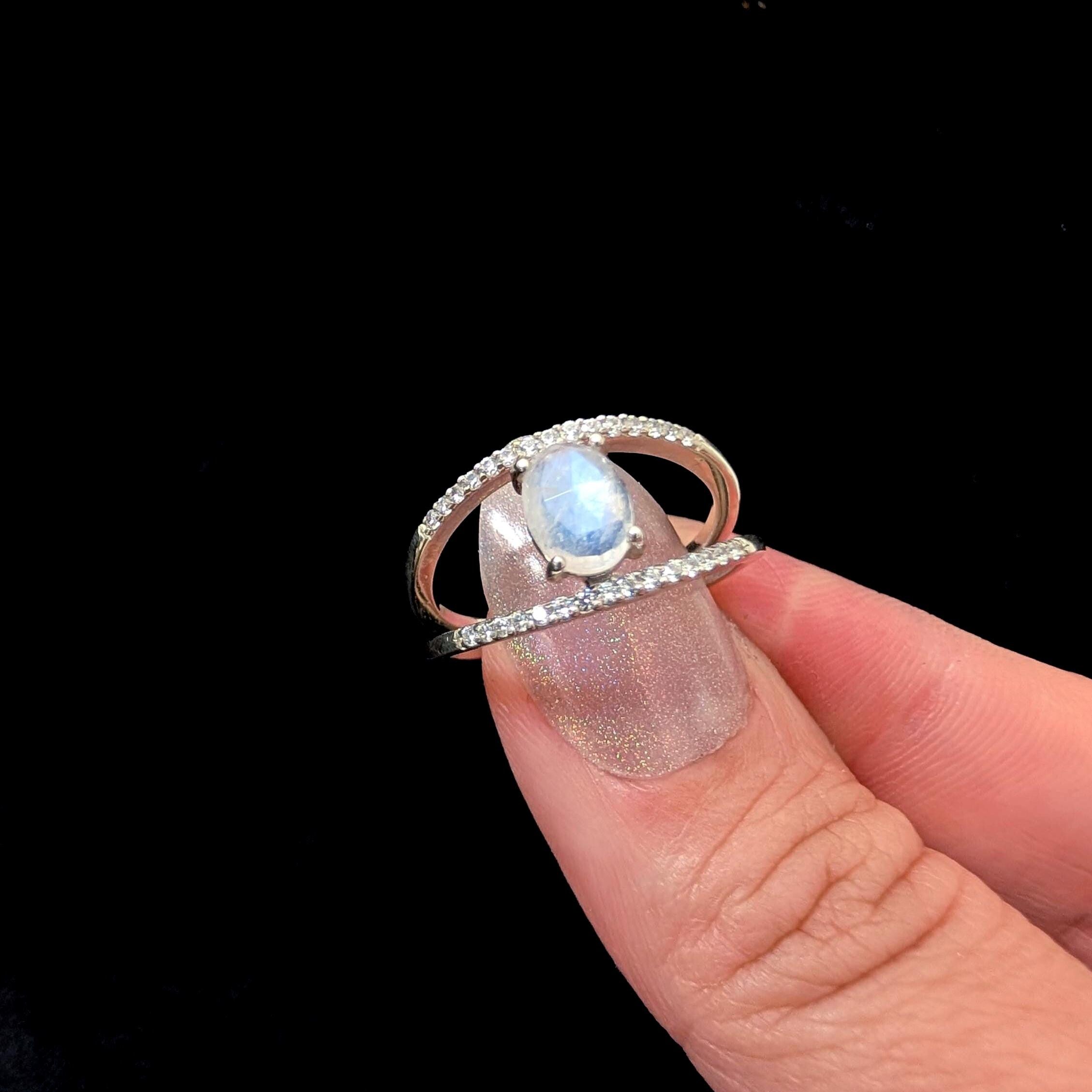 Double band rainbow moonstone & white topaz ring | 925 Sterling Silver
