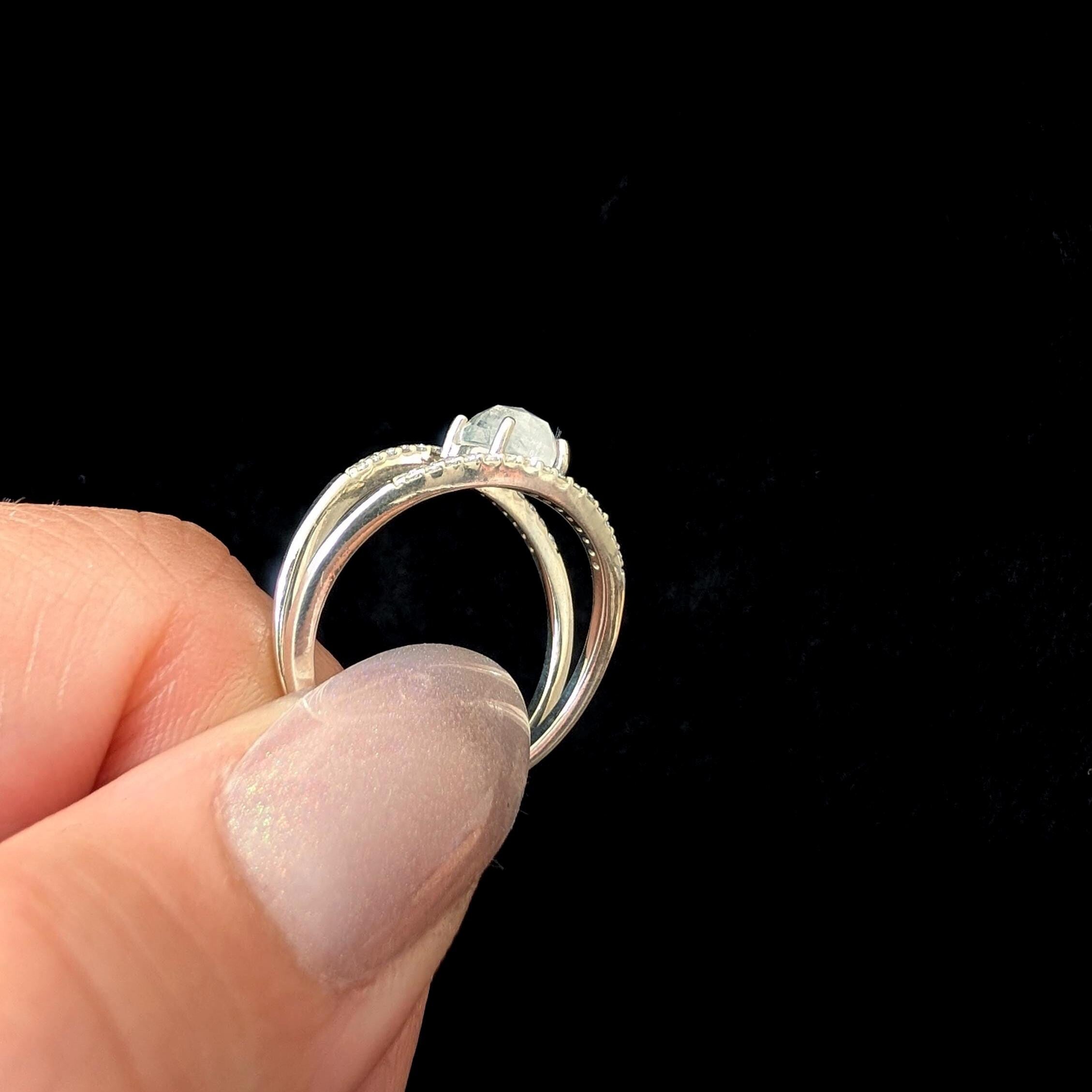 Double band rainbow moonstone & white topaz ring | 925 Sterling Silver