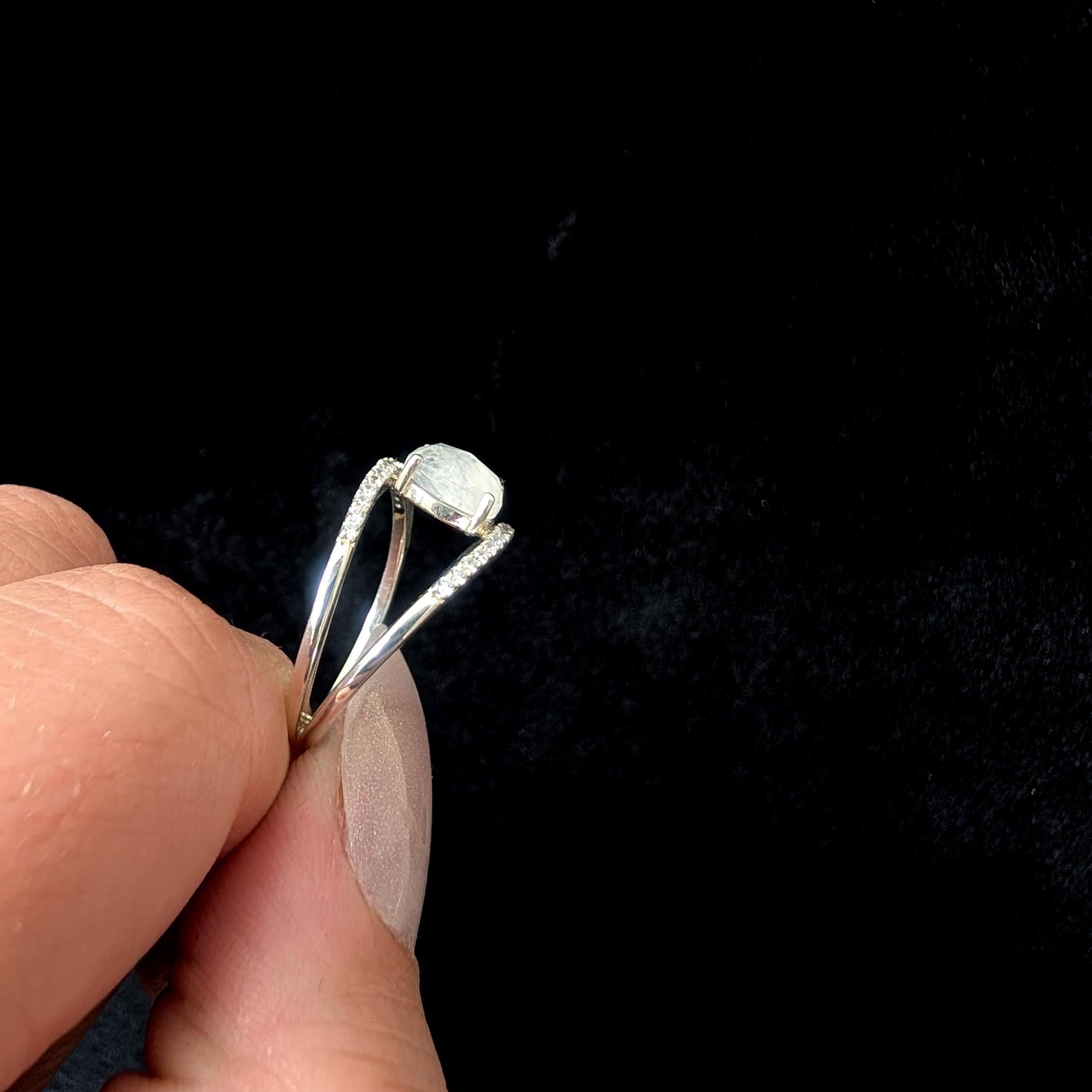 Double band rainbow moonstone & white topaz ring | 925 Sterling Silver