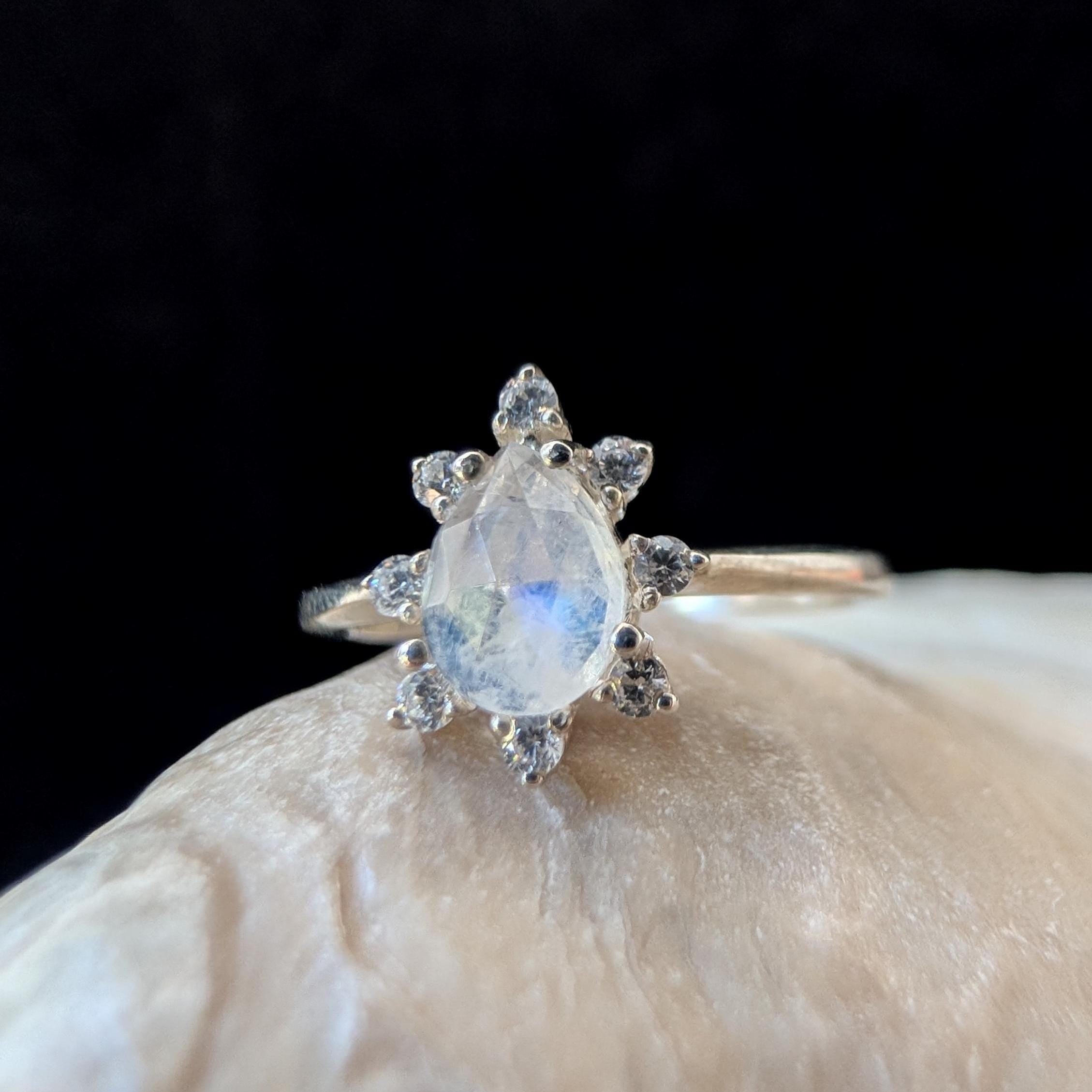 Statement rainbow moonstone & white topaz ring | 925 Sterling Silver