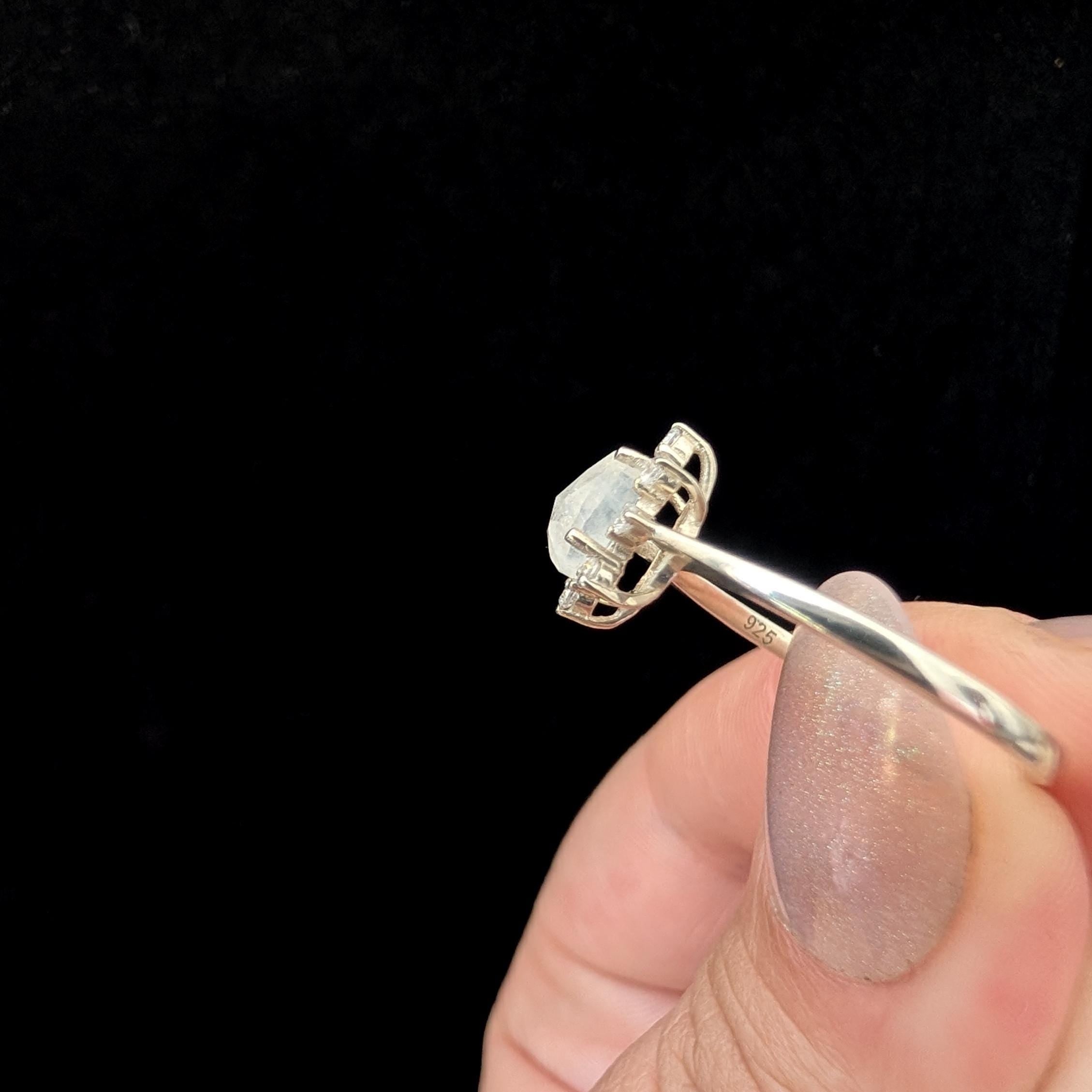 Statement rainbow moonstone & white topaz ring | 925 Sterling Silver