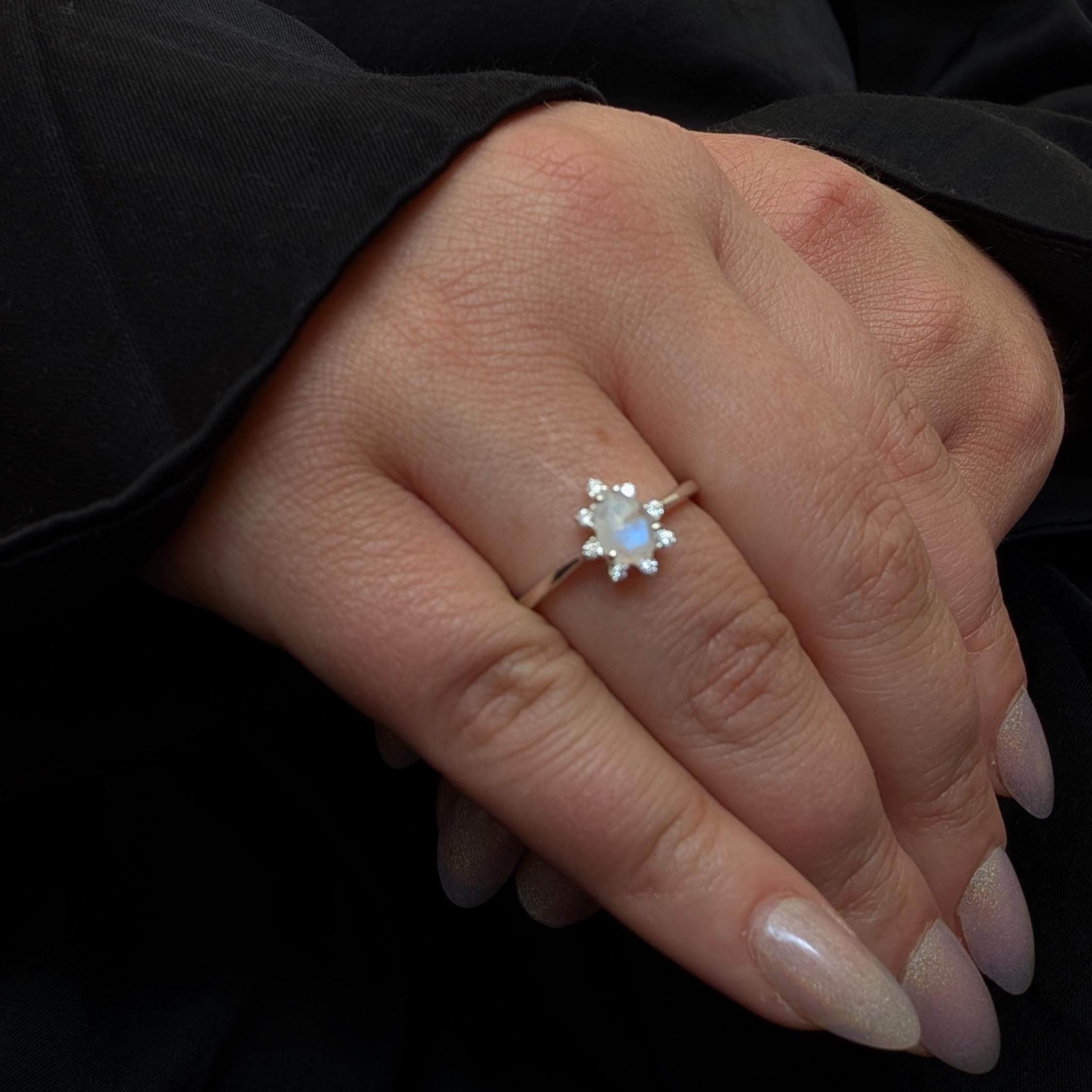 Statement rainbow moonstone & white topaz ring | 925 Sterling Silver