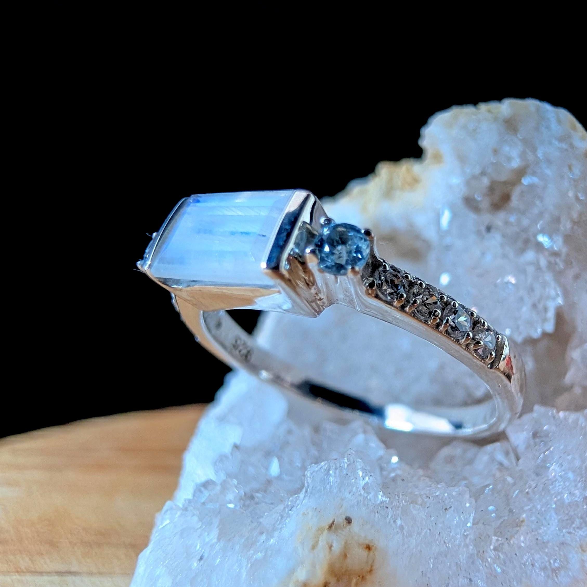 Statement rainbow moonstone and blue topaz ring | 925 Sterling Silver