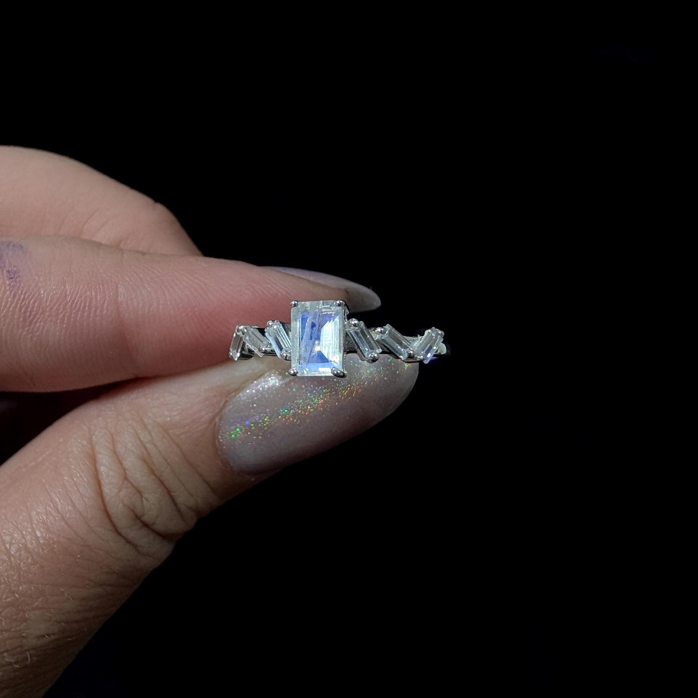 Statement rainbow moonstone & white topaz ring | 925 Sterling Silver