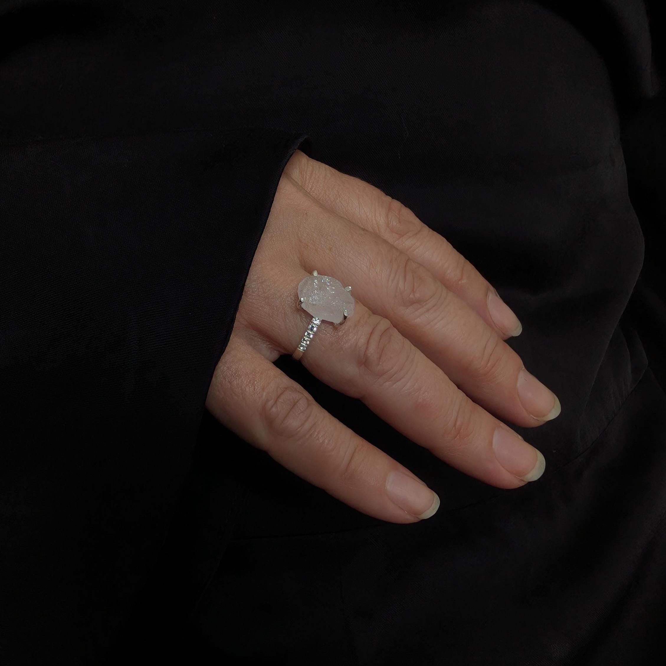Raw natural rose quartz and white topaz ring | 925 Sterling Silver