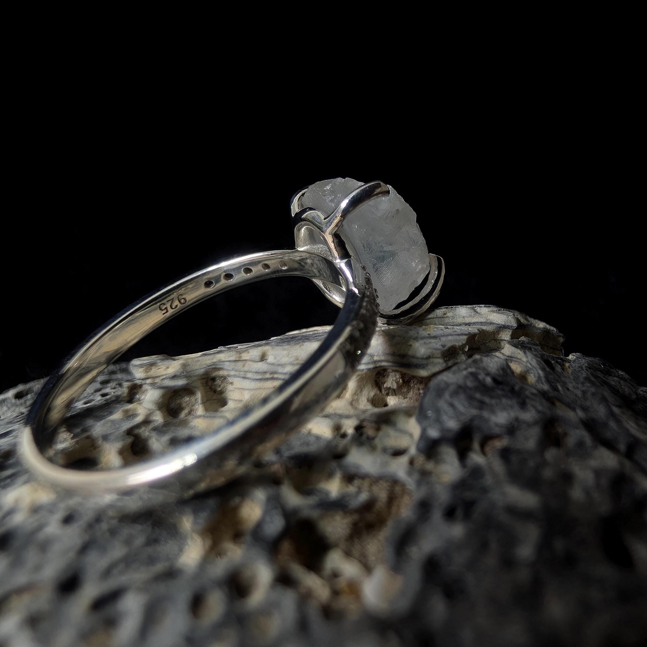 Raw natural rainbow moonstone and white topaz ring | 925 Sterling Silver