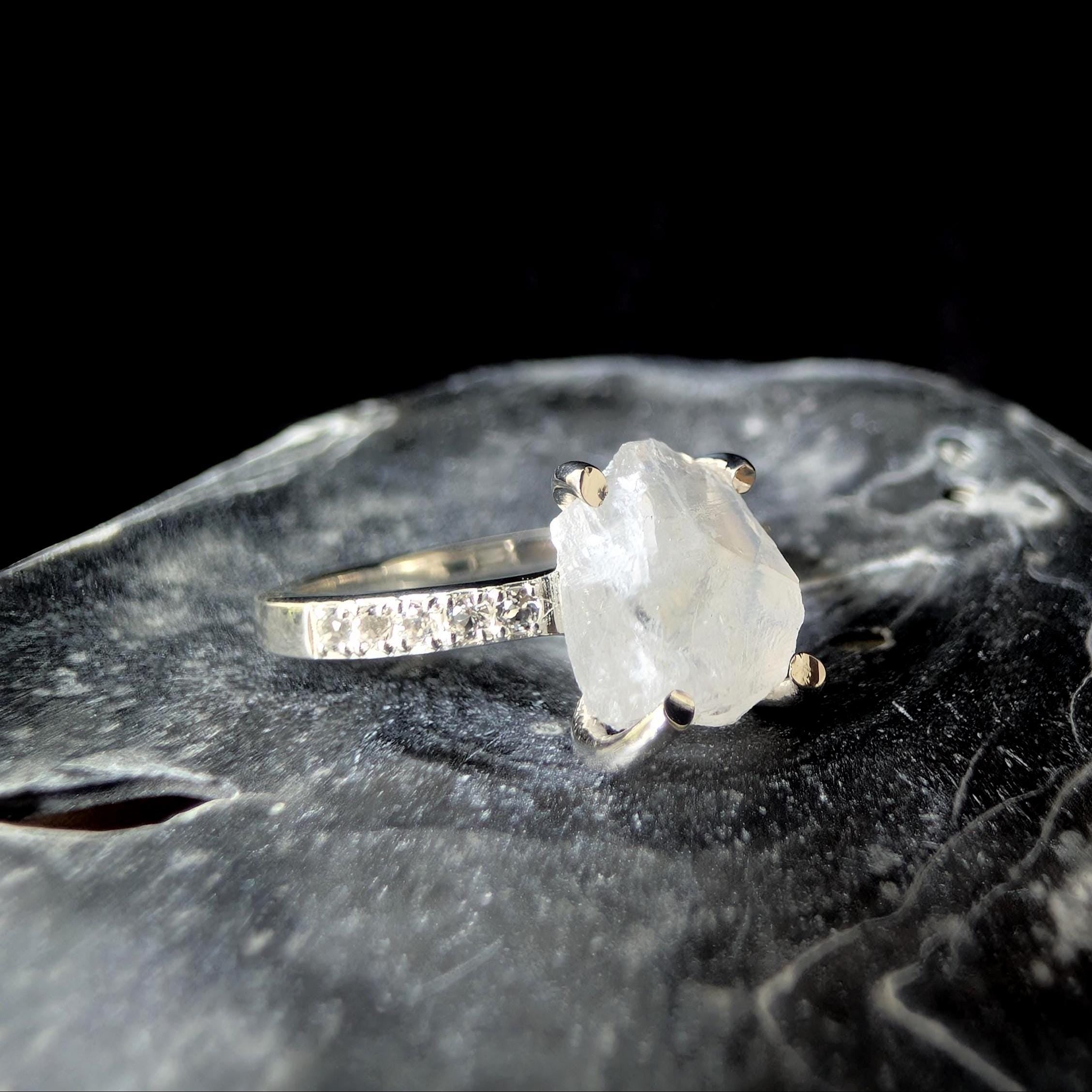 Raw natural rainbow moonstone and white topaz ring | 925 Sterling Silver