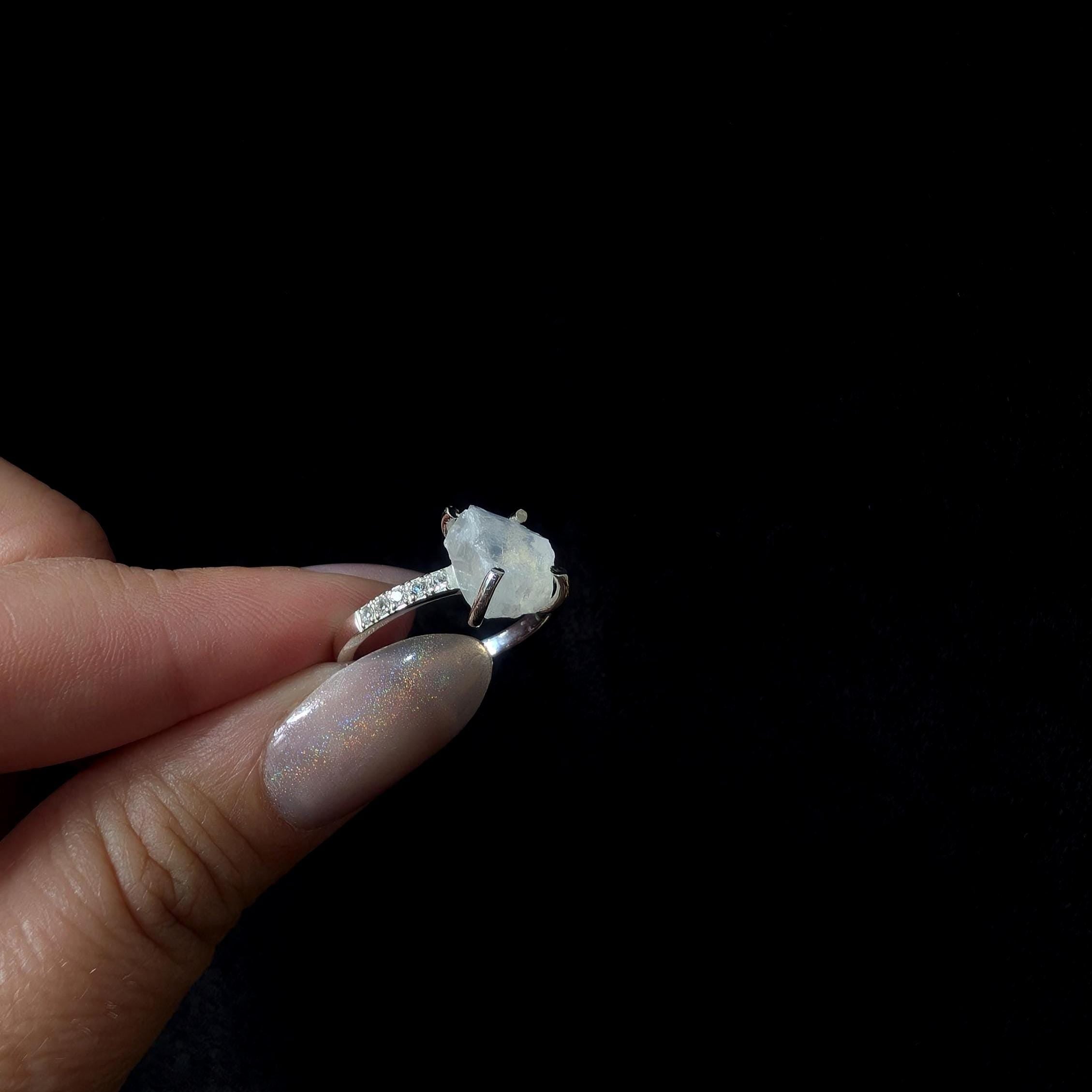 Raw natural rainbow moonstone and white topaz ring | 925 Sterling Silver