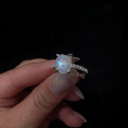 Raw natural rainbow moonstone and white topaz ring | 925 Sterling Silver