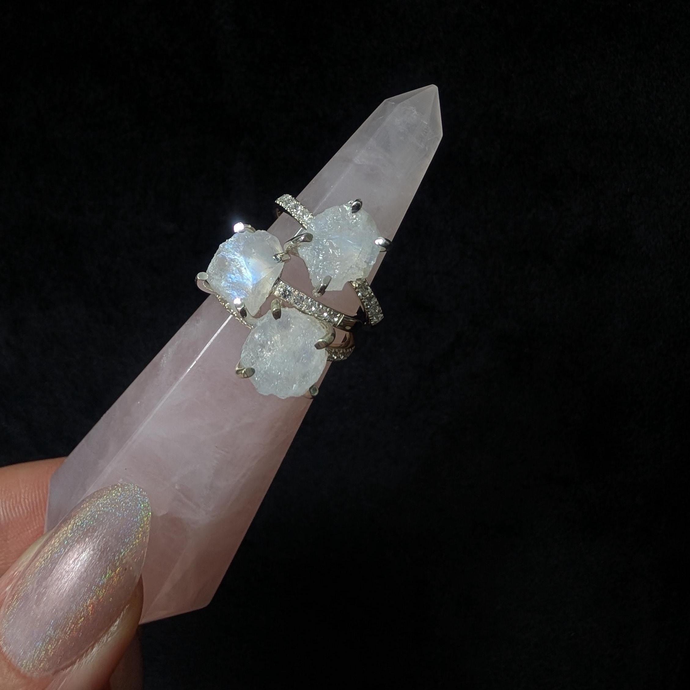 Raw natural rainbow moonstone and white topaz ring | 925 Sterling Silver