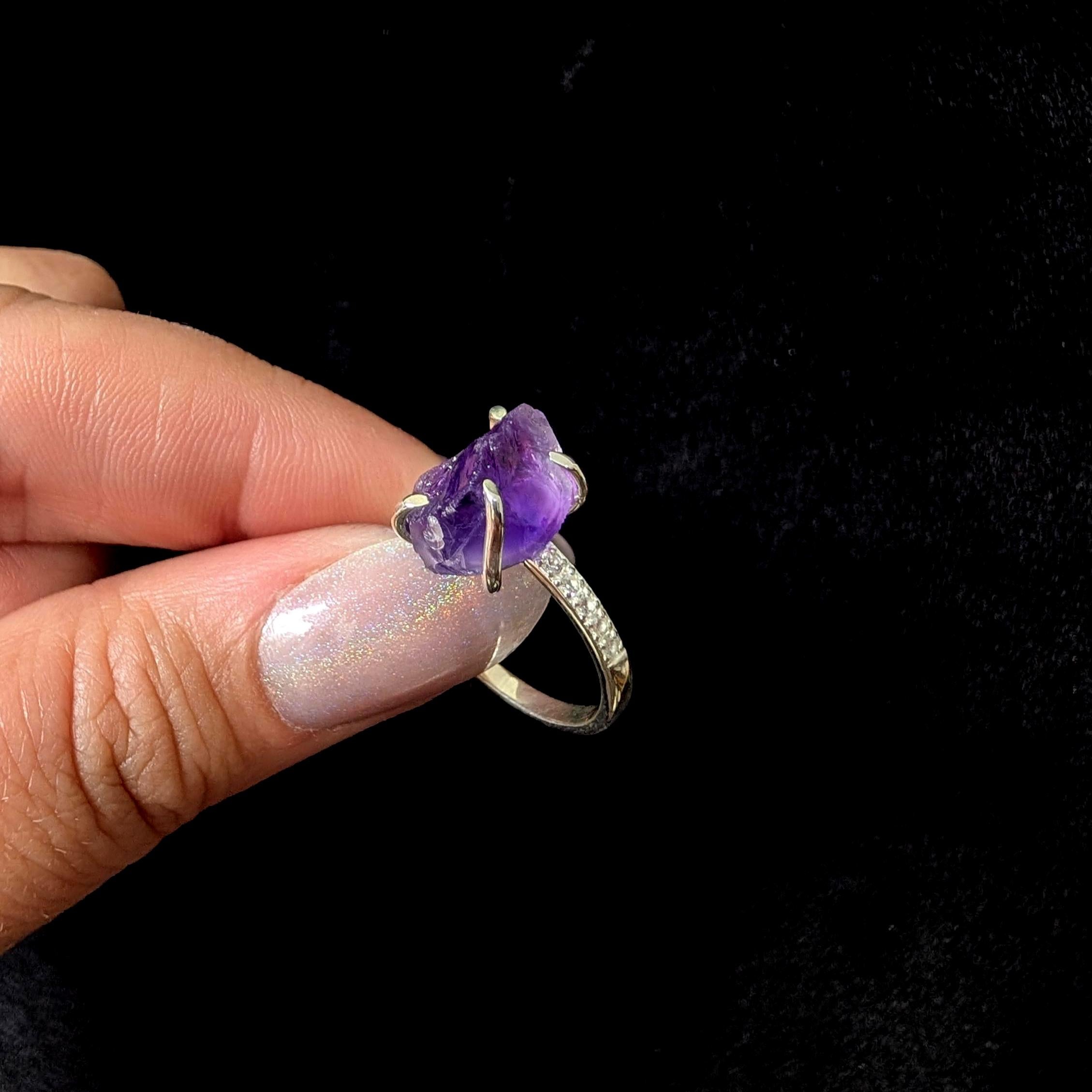 Raw natural amethyst and white topaz ring | 925 sterling silver