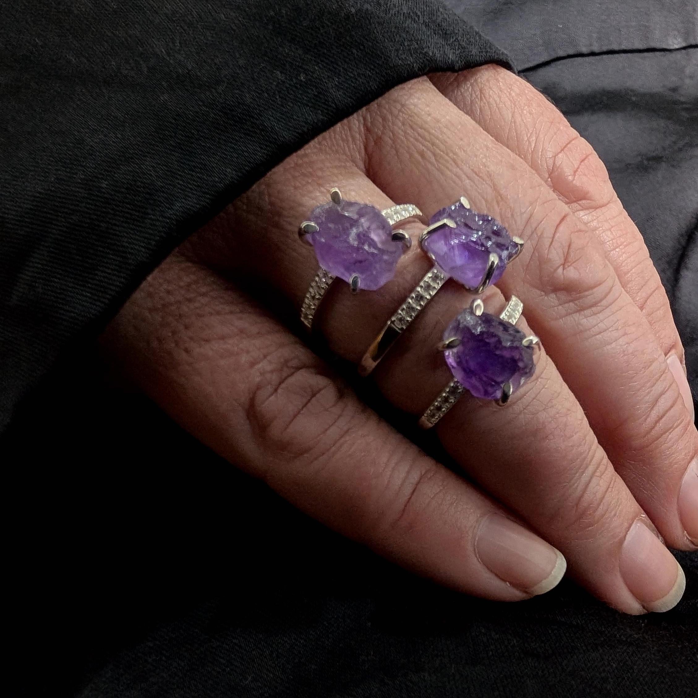 Raw natural amethyst and white topaz ring | 925 sterling silver