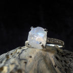 Raw natural rainbow moonstone and white topaz ring | 925 Sterling Silver