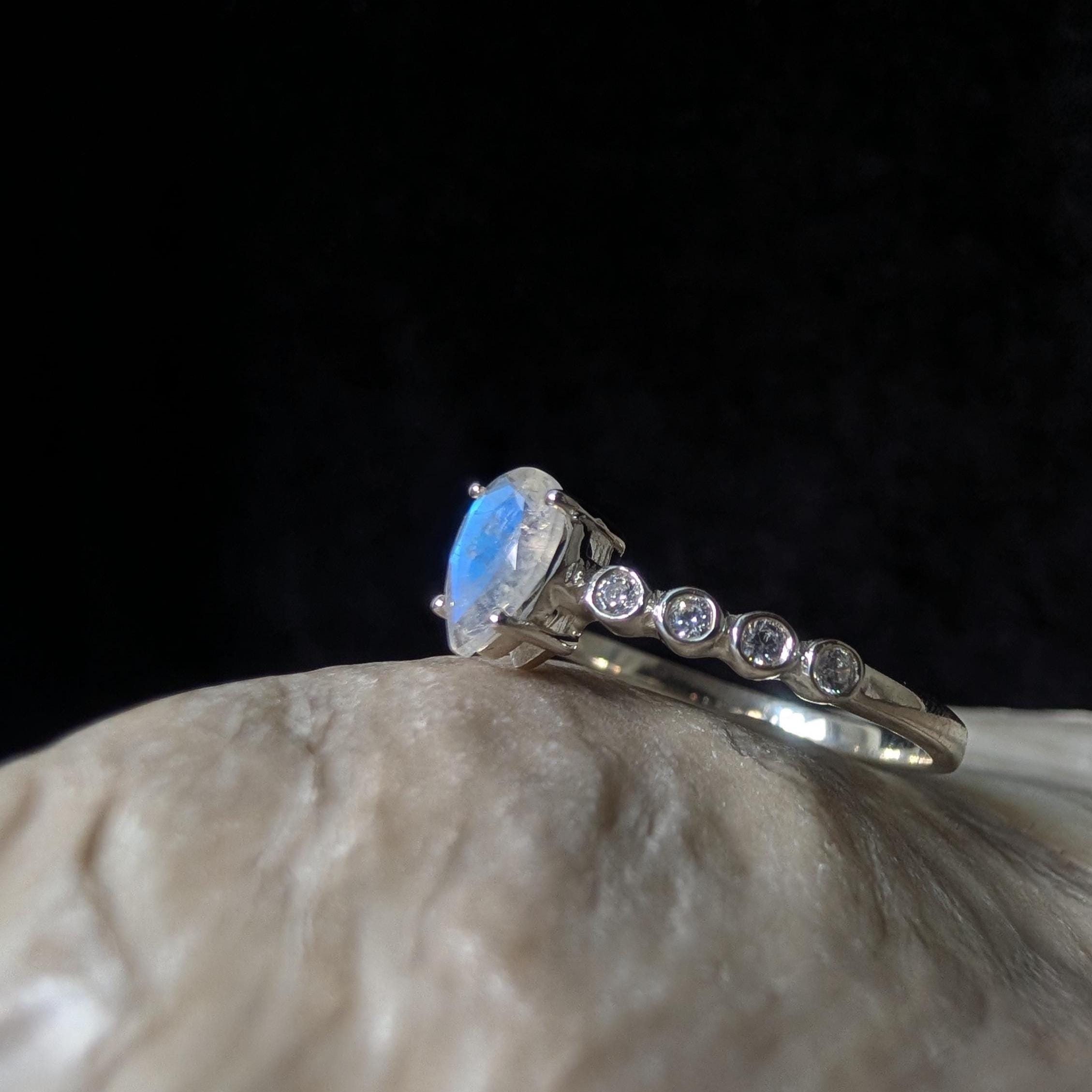Statement rainbow moonstone and white topaz ring | 925 Sterling Silver