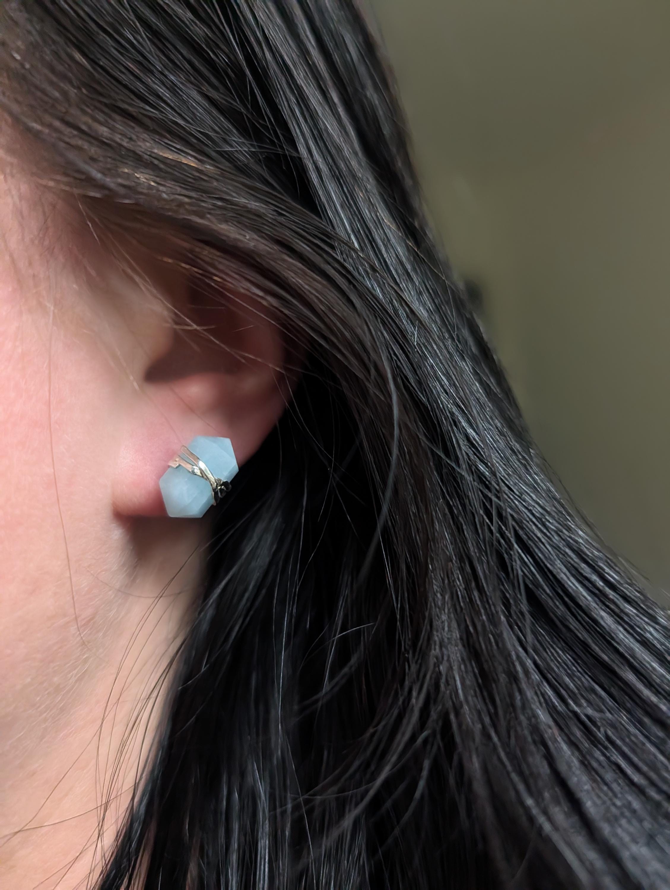 Aquamarine wire wrapped stud earrings | 925 sterling silver