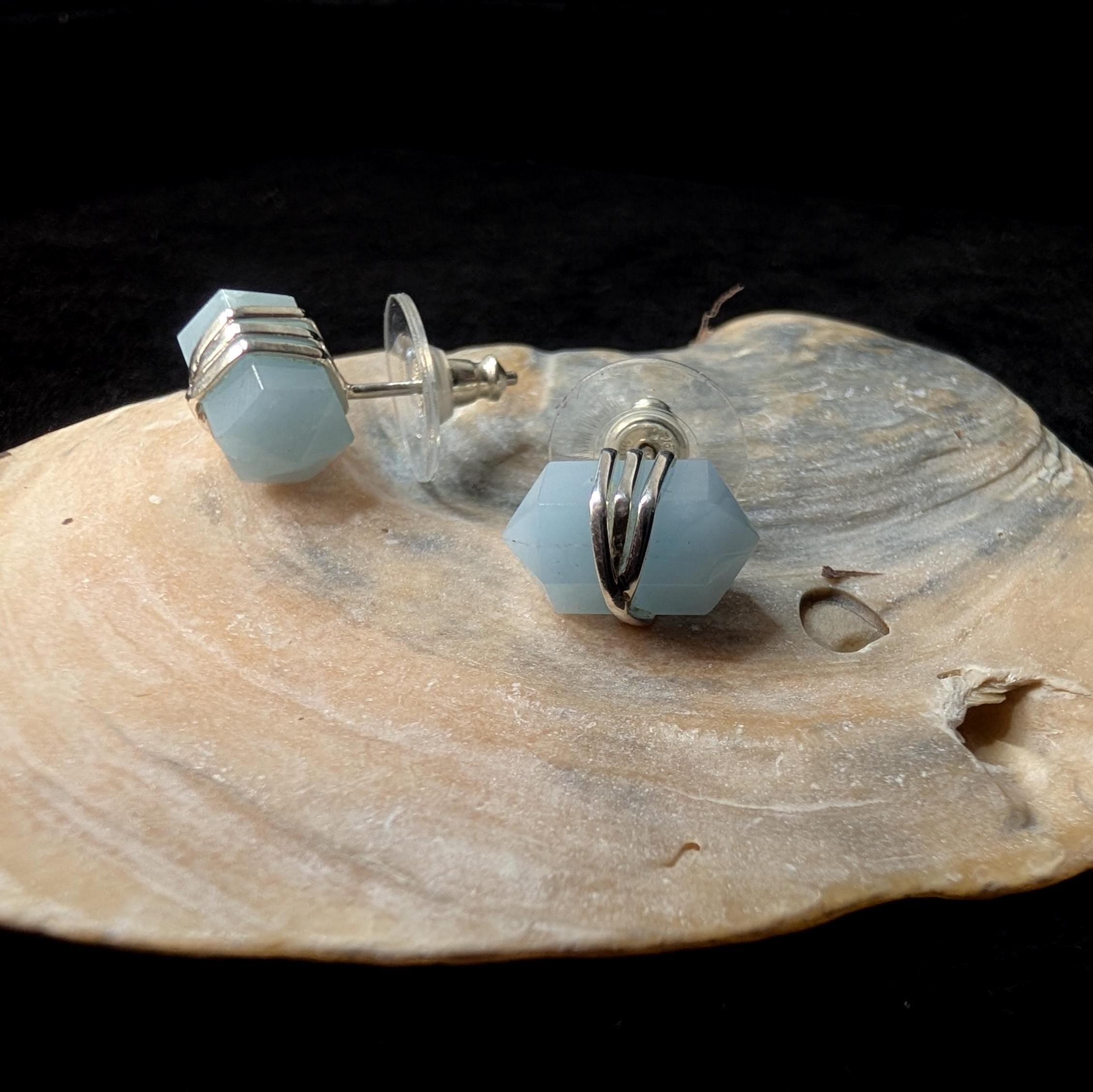 Aquamarine wire wrapped stud earrings | 925 sterling silver