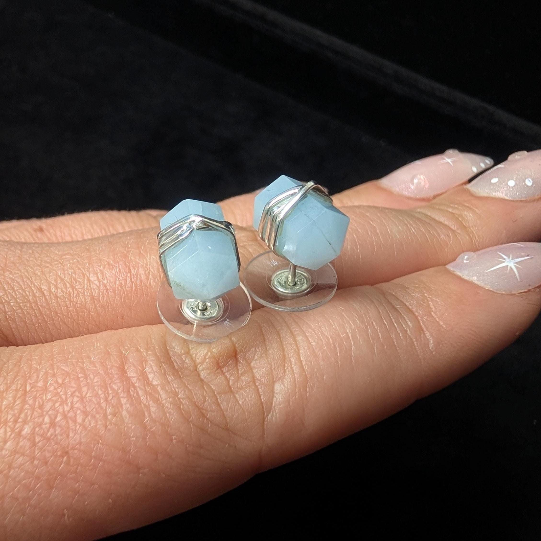 Aquamarine wire wrapped stud earrings | 925 sterling silver