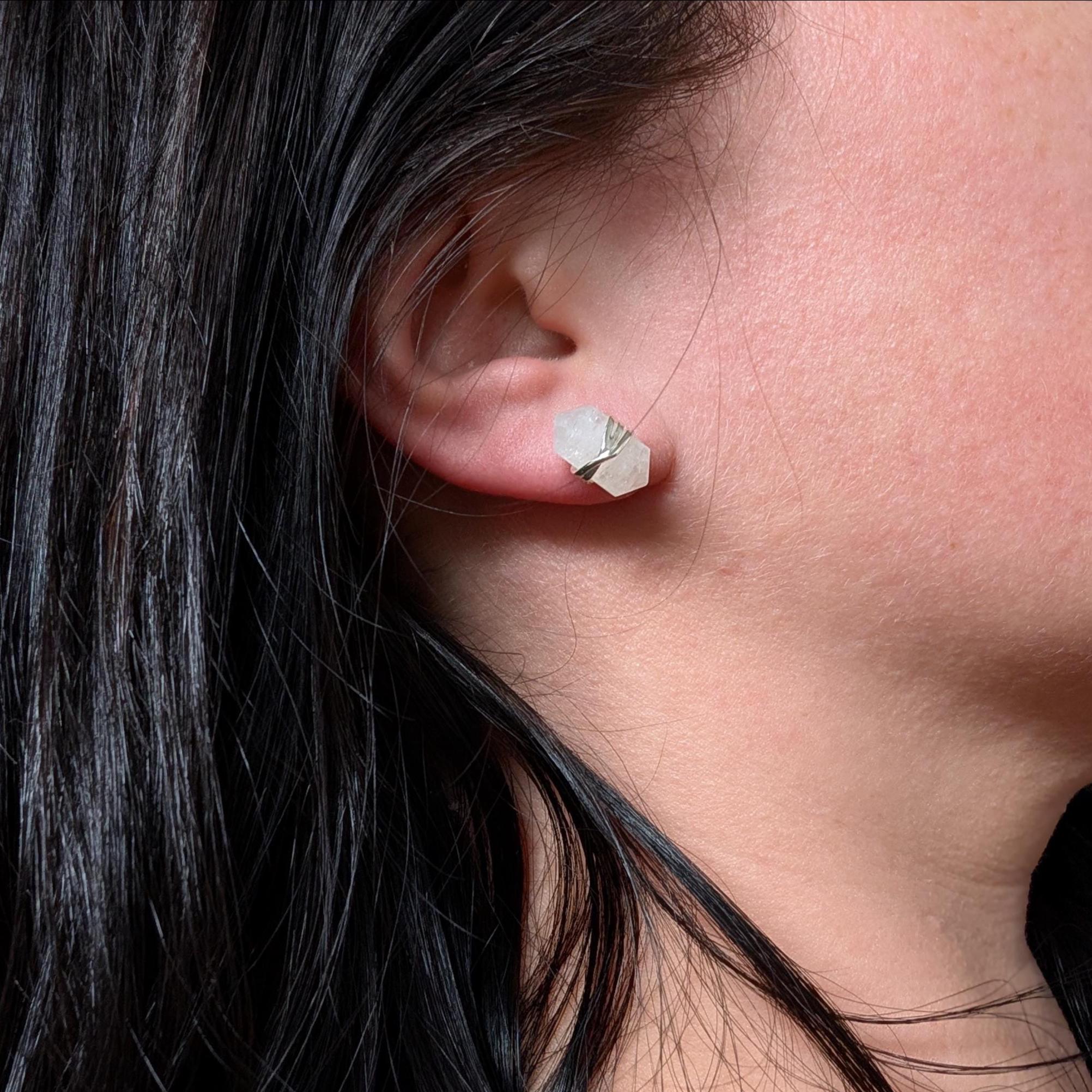 Rainbow moonstone wire wrapped stud earrings | 925 sterling silver