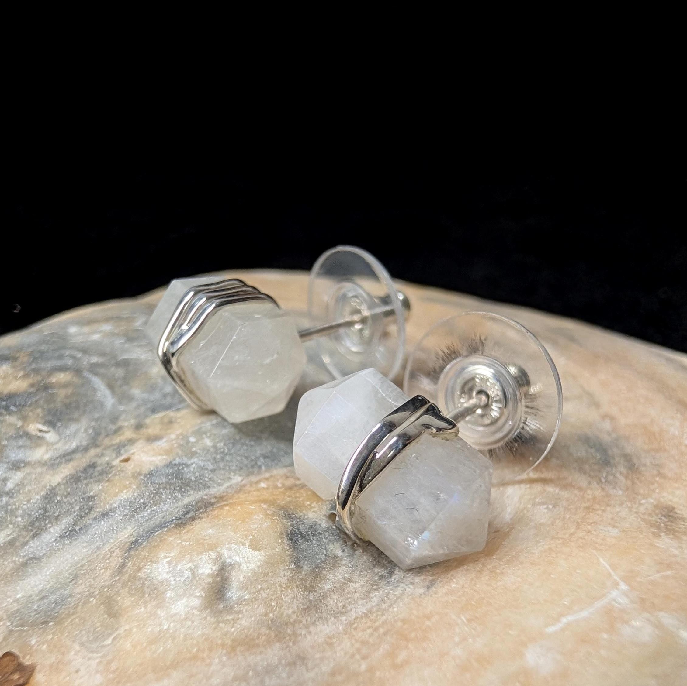 Rainbow moonstone wire wrapped stud earrings | 925 sterling silver
