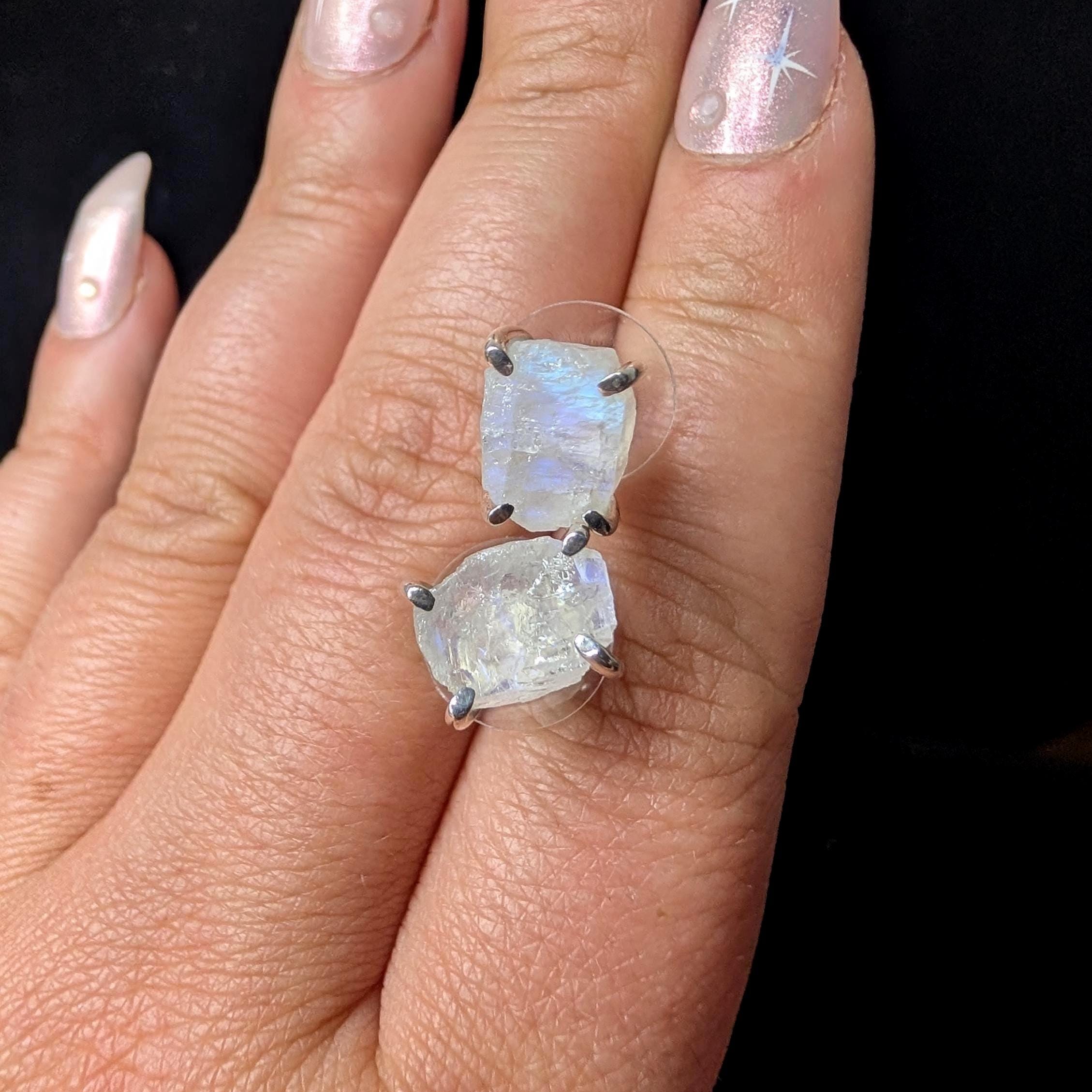 Raw rainbow moonstone stud earrings | 925 sterling silver