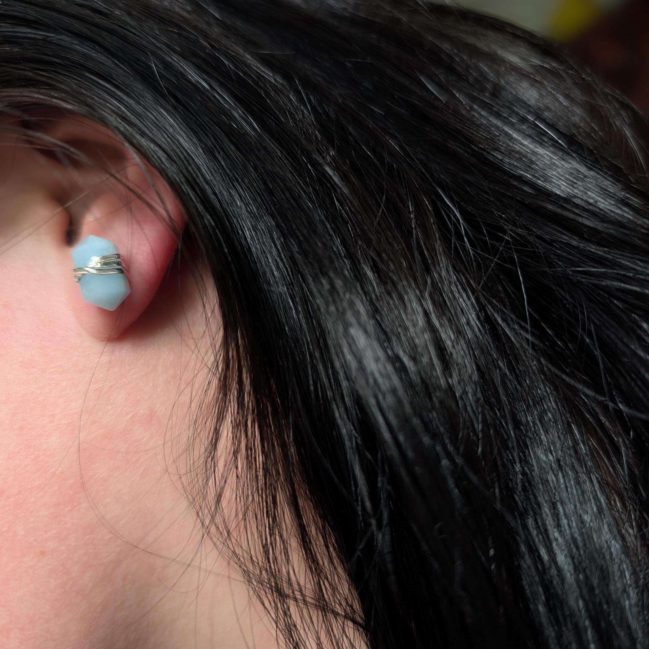 Aquamarine wire wrapped stud earrings | 925 sterling silver