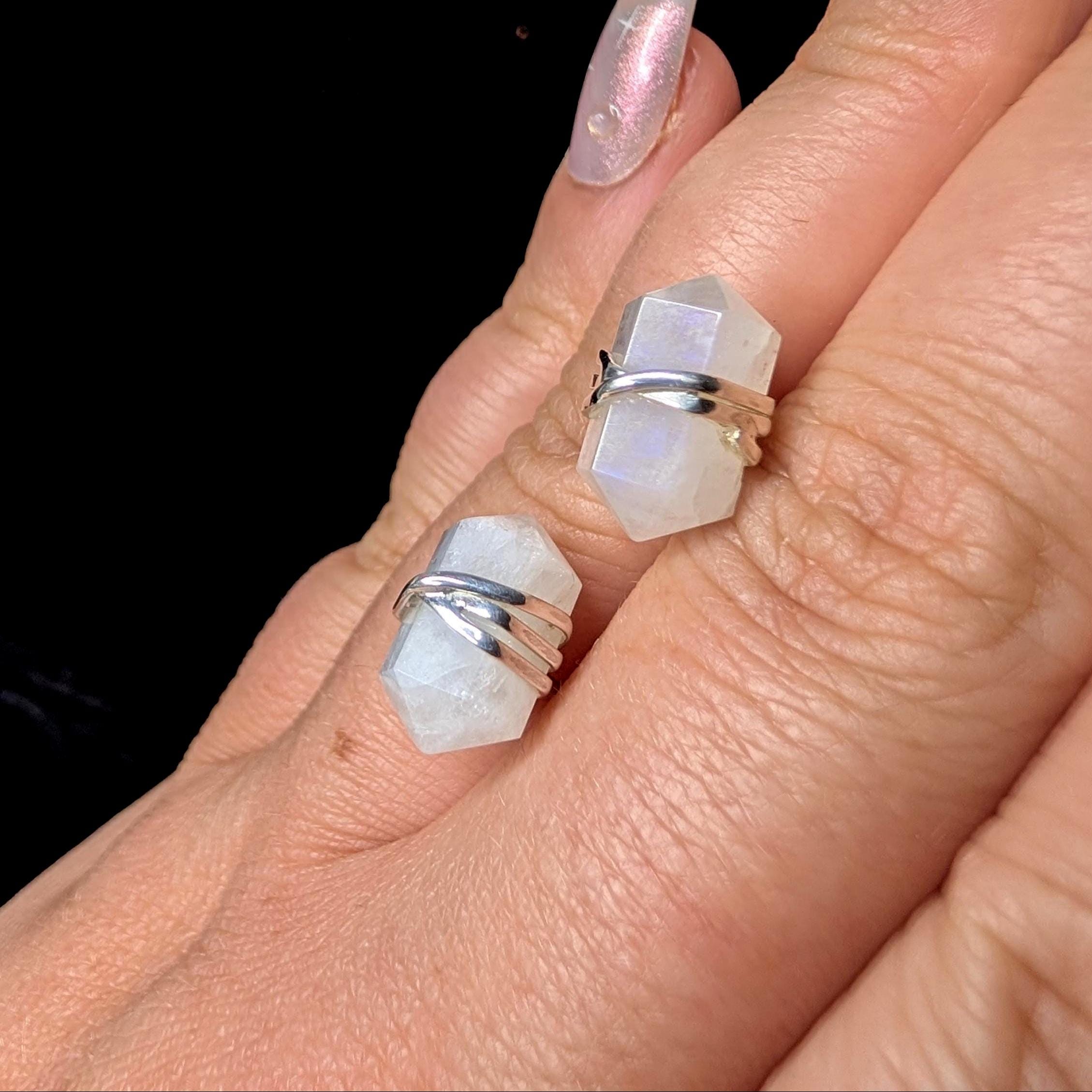 Rainbow moonstone wire wrapped stud earrings | 925 sterling silver