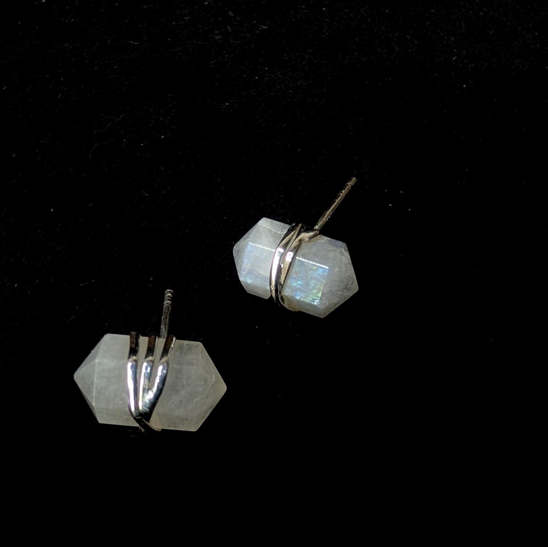 Rainbow moonstone wire wrapped stud earrings | 925 sterling silver