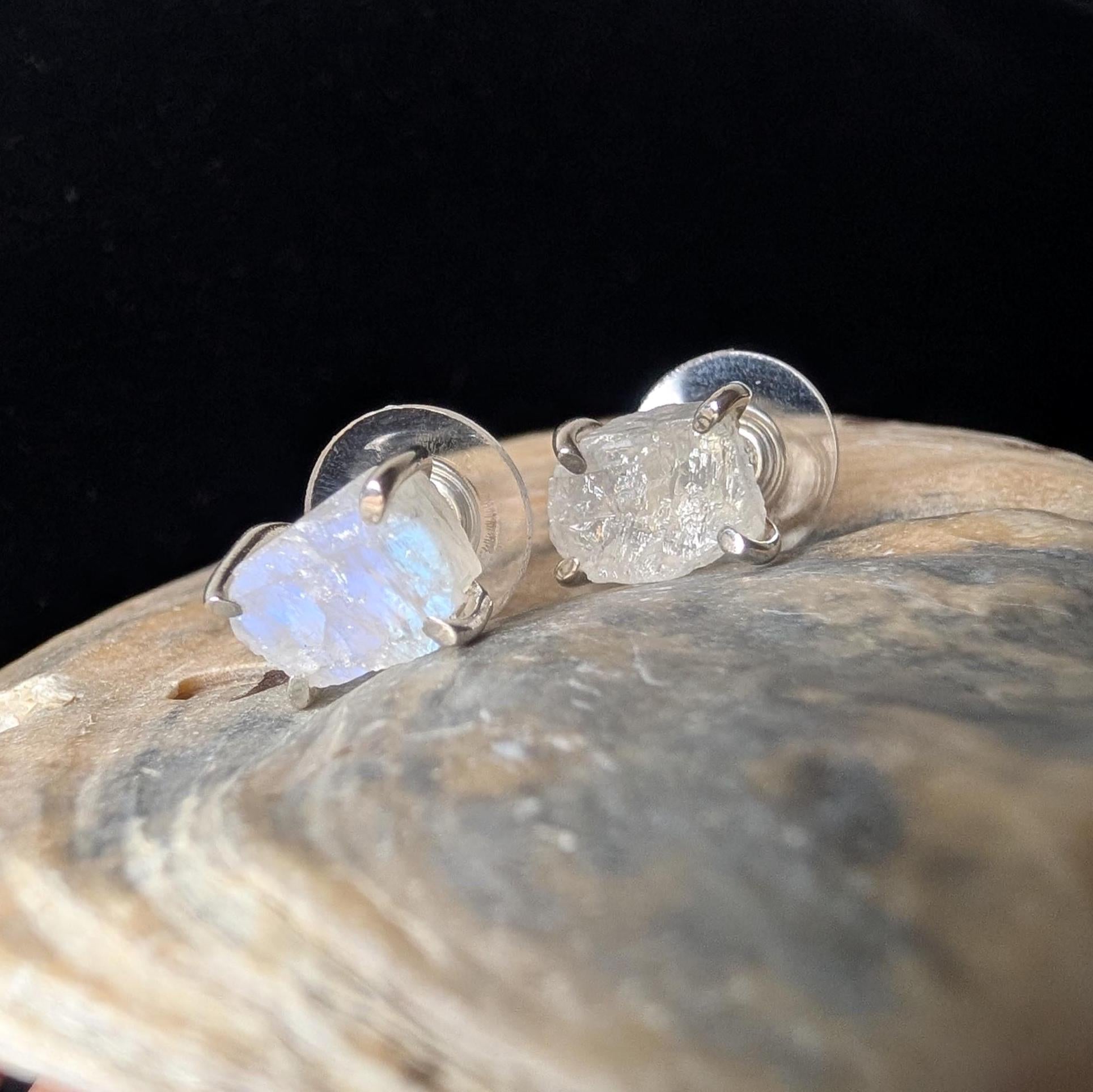 Raw rainbow moonstone stud earrings | 925 sterling silver