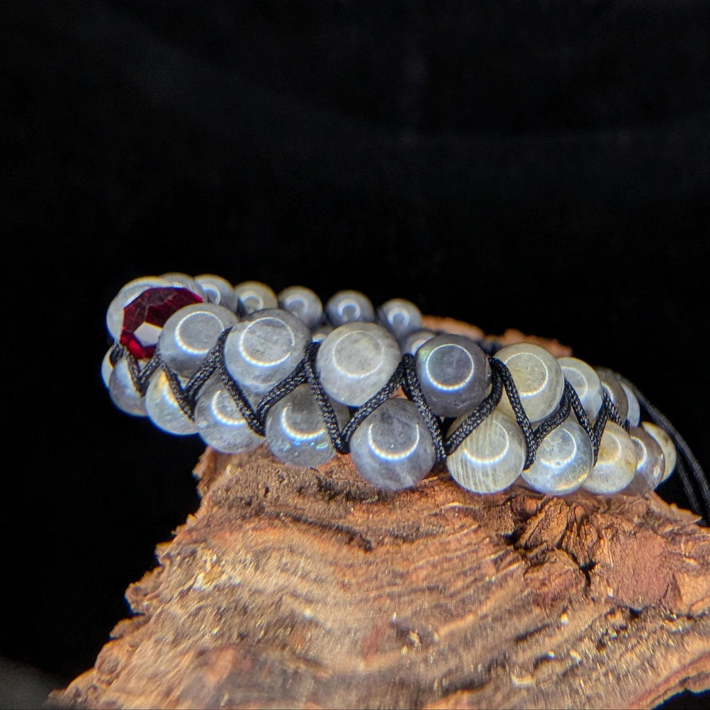 Labradorite with red glass bead double row bracelet