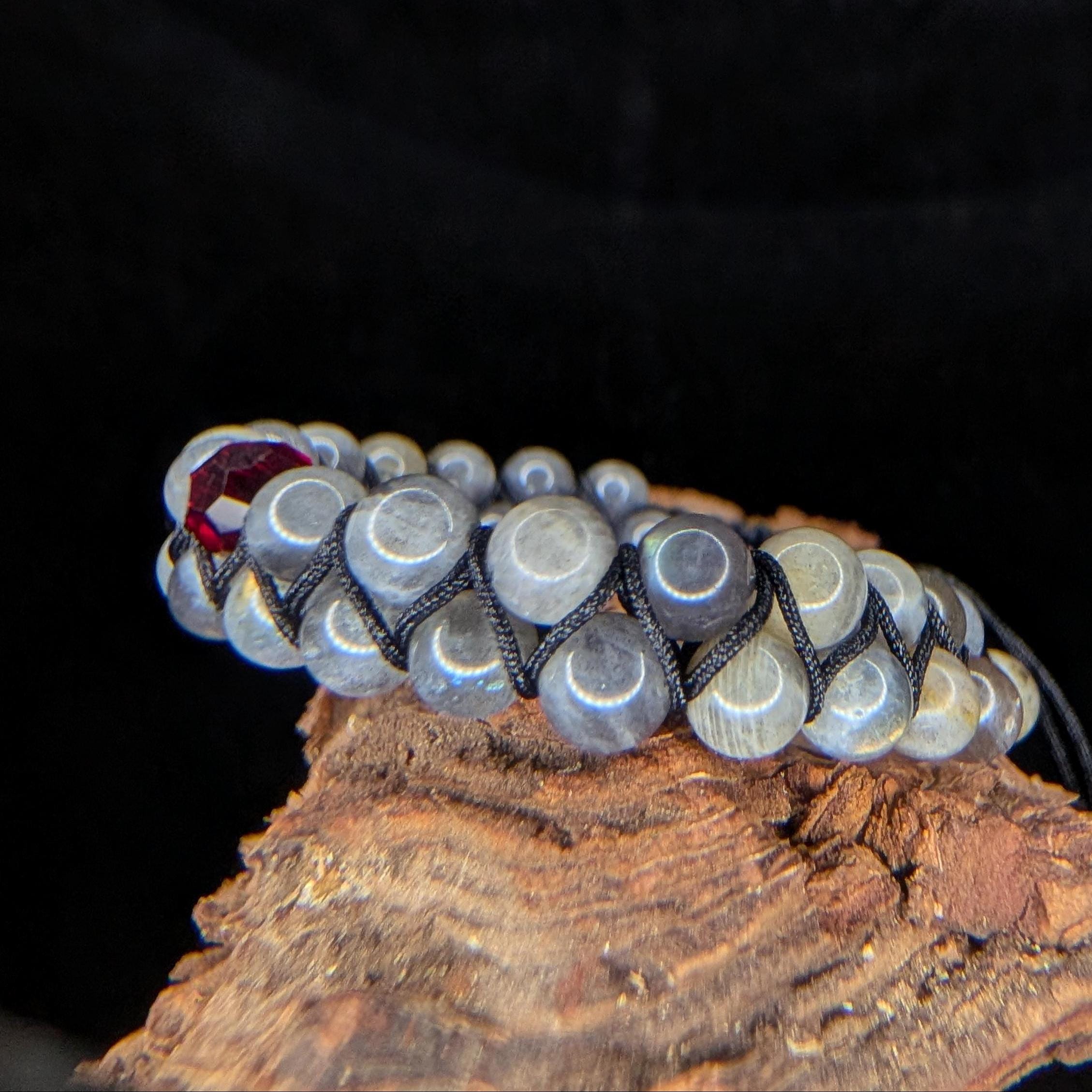 Labradorite with red glass bead double row bracelet