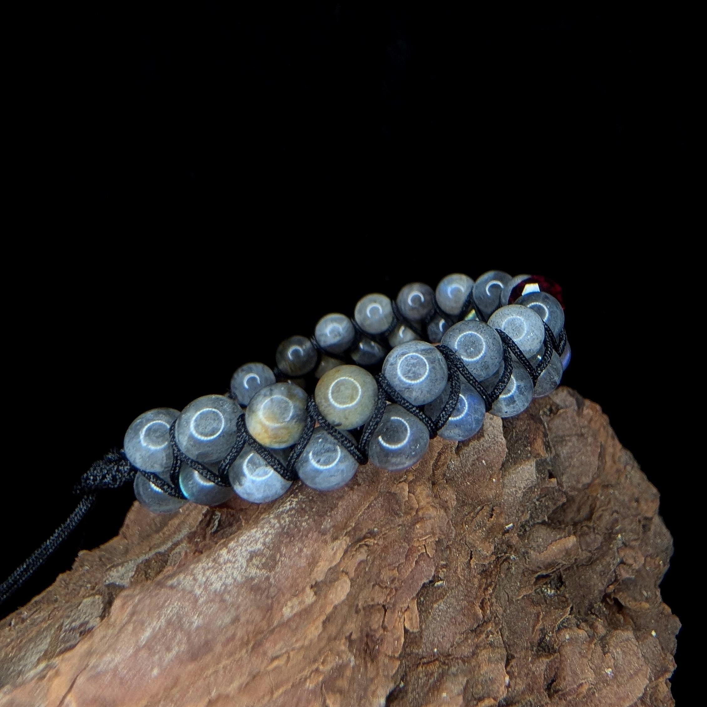 Labradorite with red glass bead double row bracelet