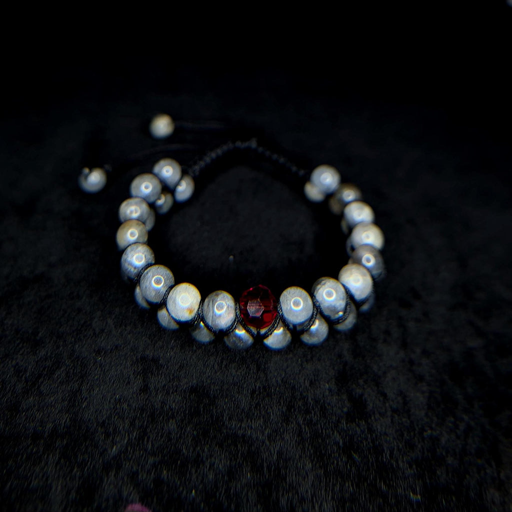 Labradorite with red glass bead double row bracelet