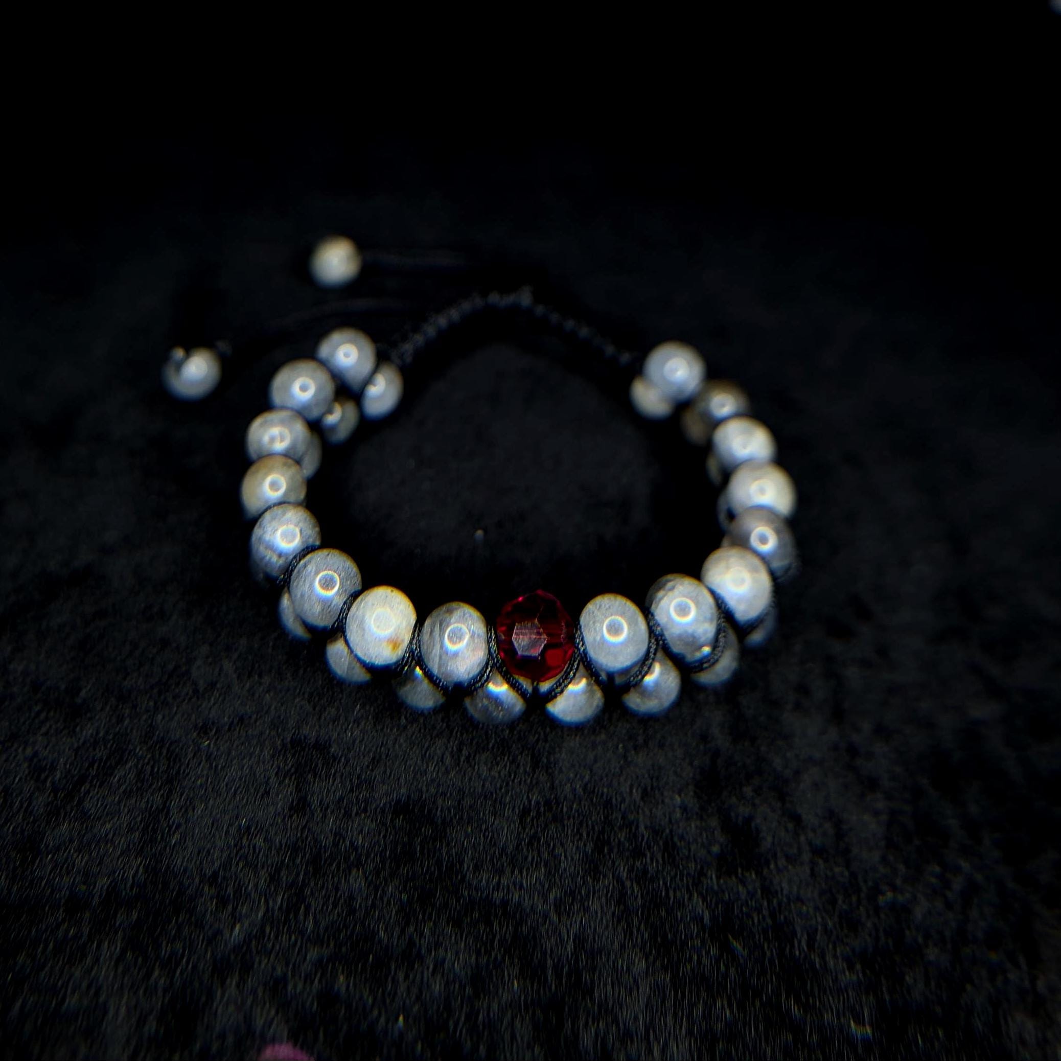 Labradorite with red glass bead double row bracelet