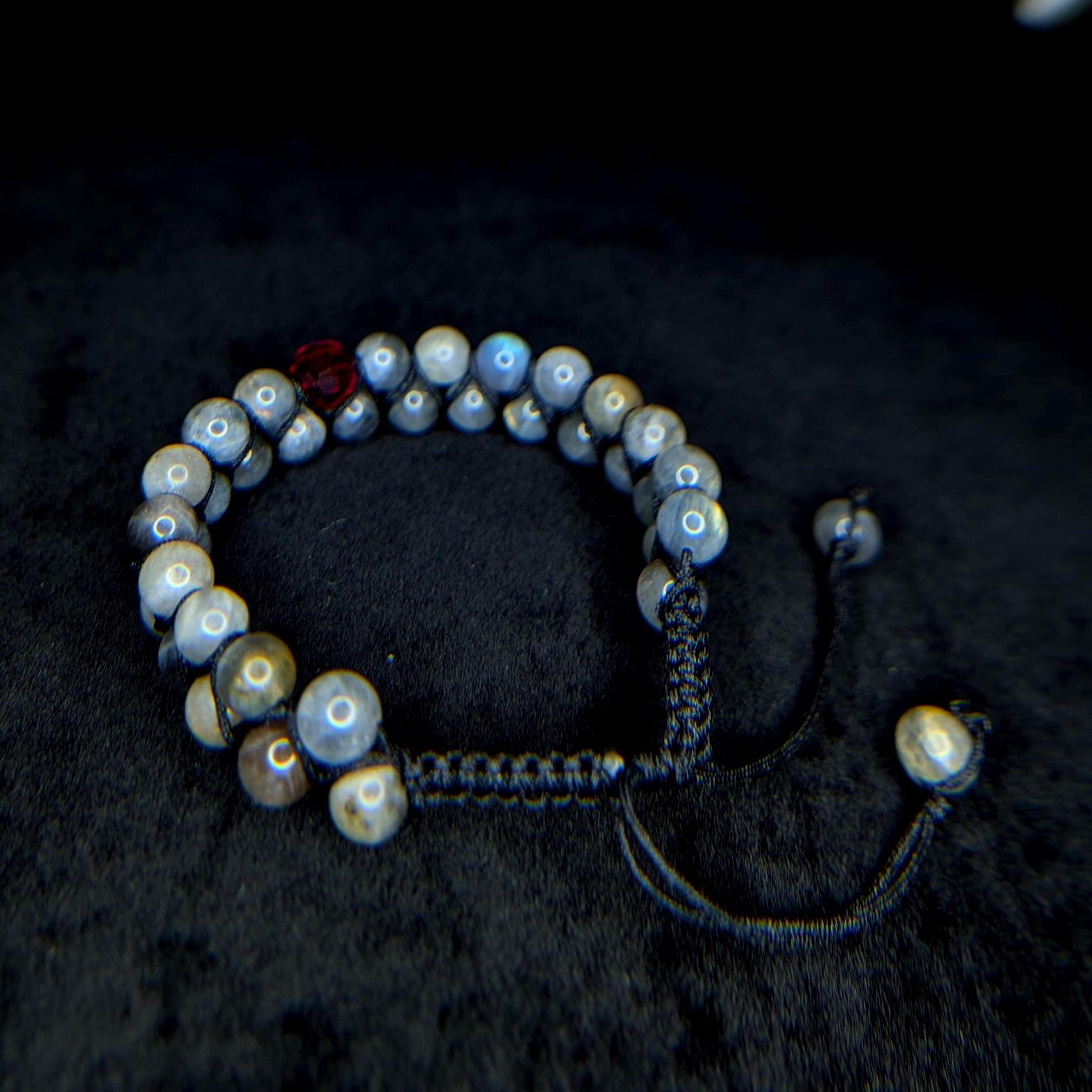 Labradorite with red glass bead double row bracelet