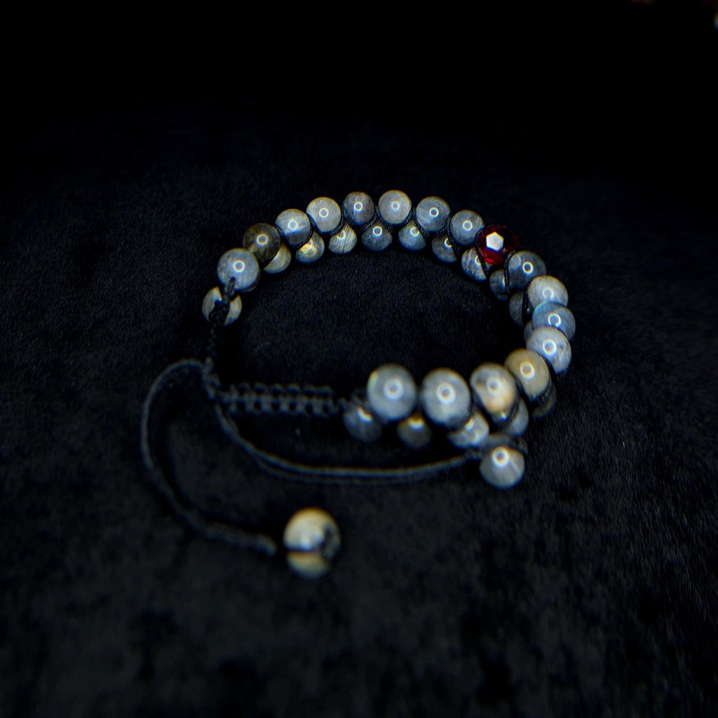Labradorite with red glass bead double row bracelet