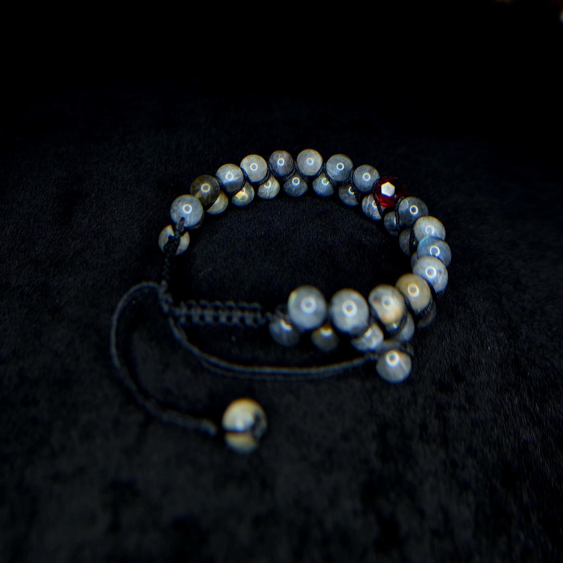 Labradorite with red glass bead double row bracelet