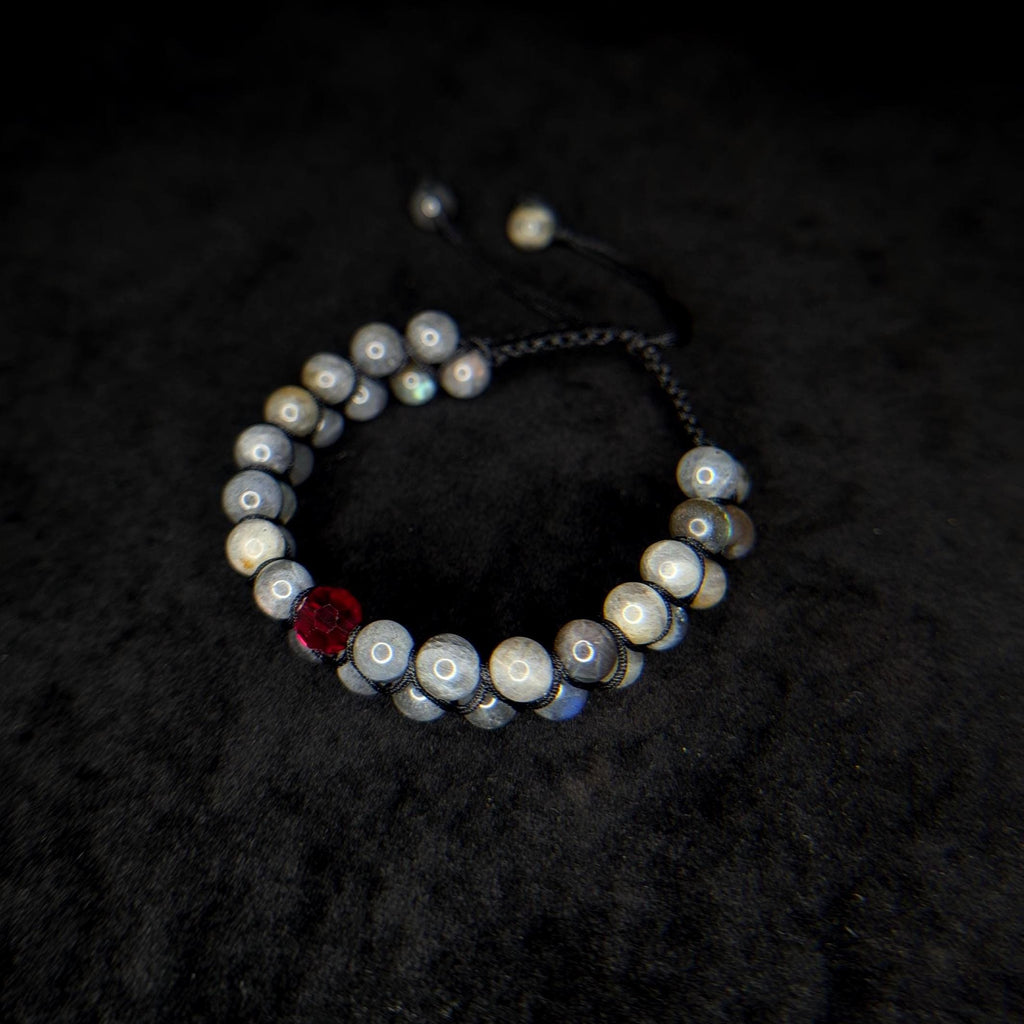 Labradorite with red glass bead double row bracelet
