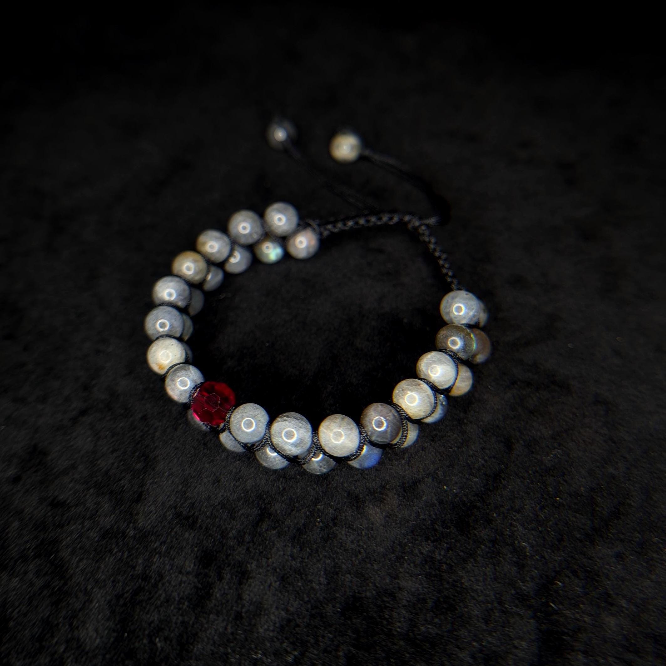 Labradorite with red glass bead double row bracelet