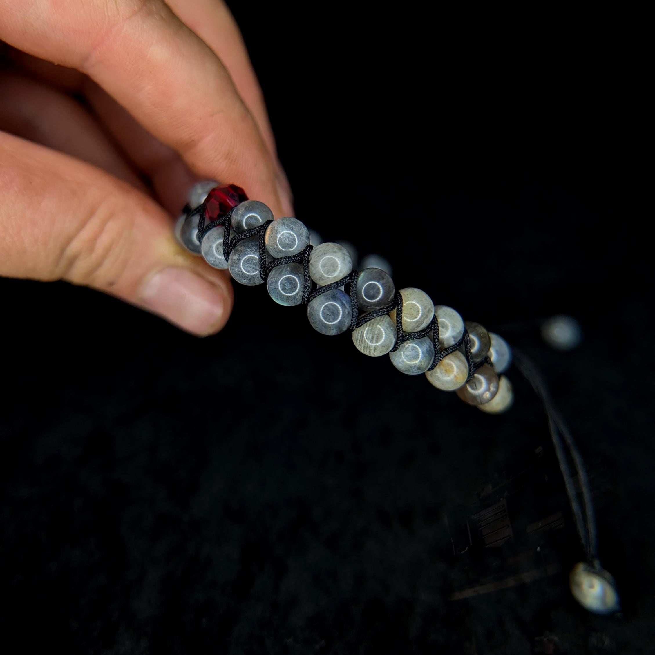 Labradorite with red glass bead double row bracelet