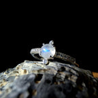 Round rainbow moonstone and white topaz ring | 925 Sterling Silver