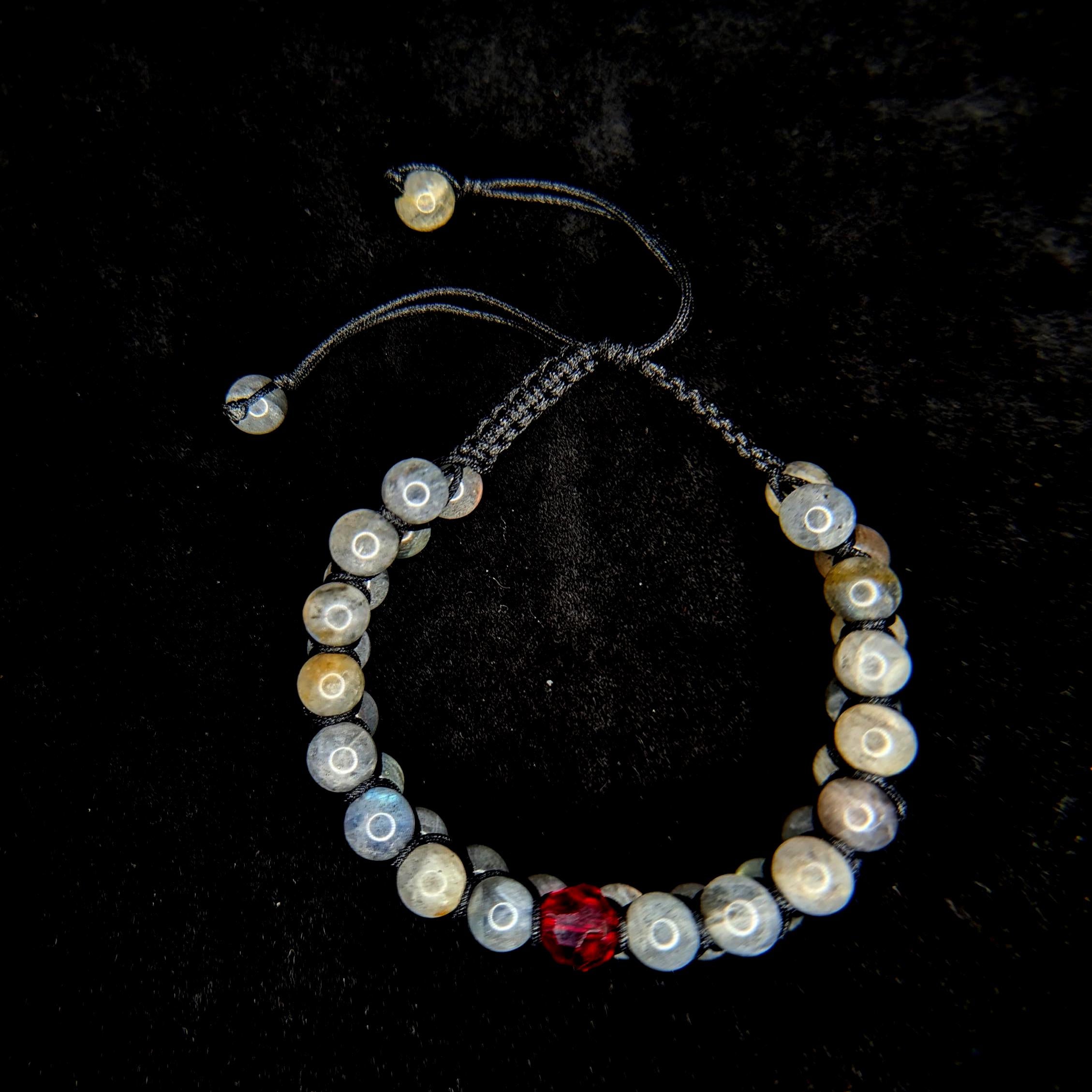 Labradorite with red glass bead double row bracelet